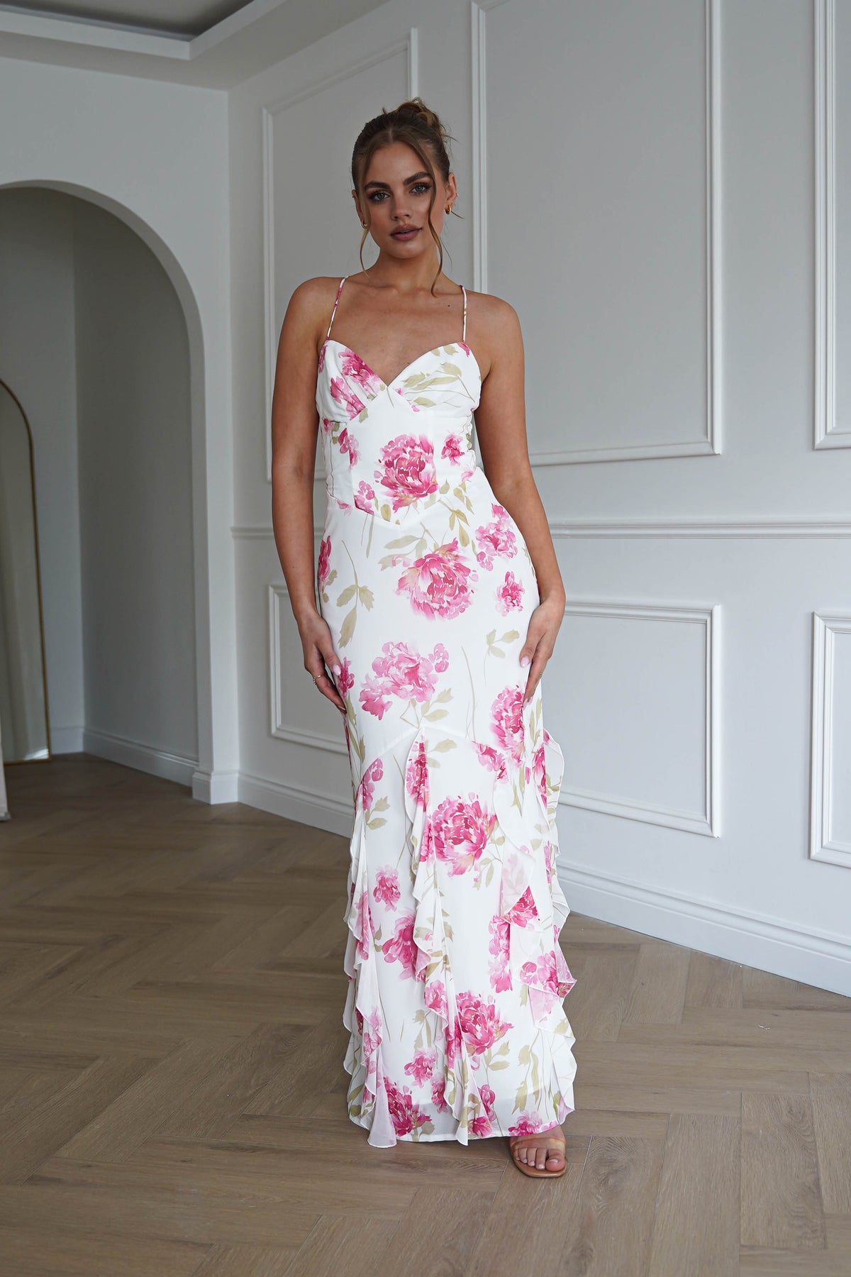 Loralie Floral Ruffle Hem Maxi Dress | White/Pink-Oh Hello Clothing