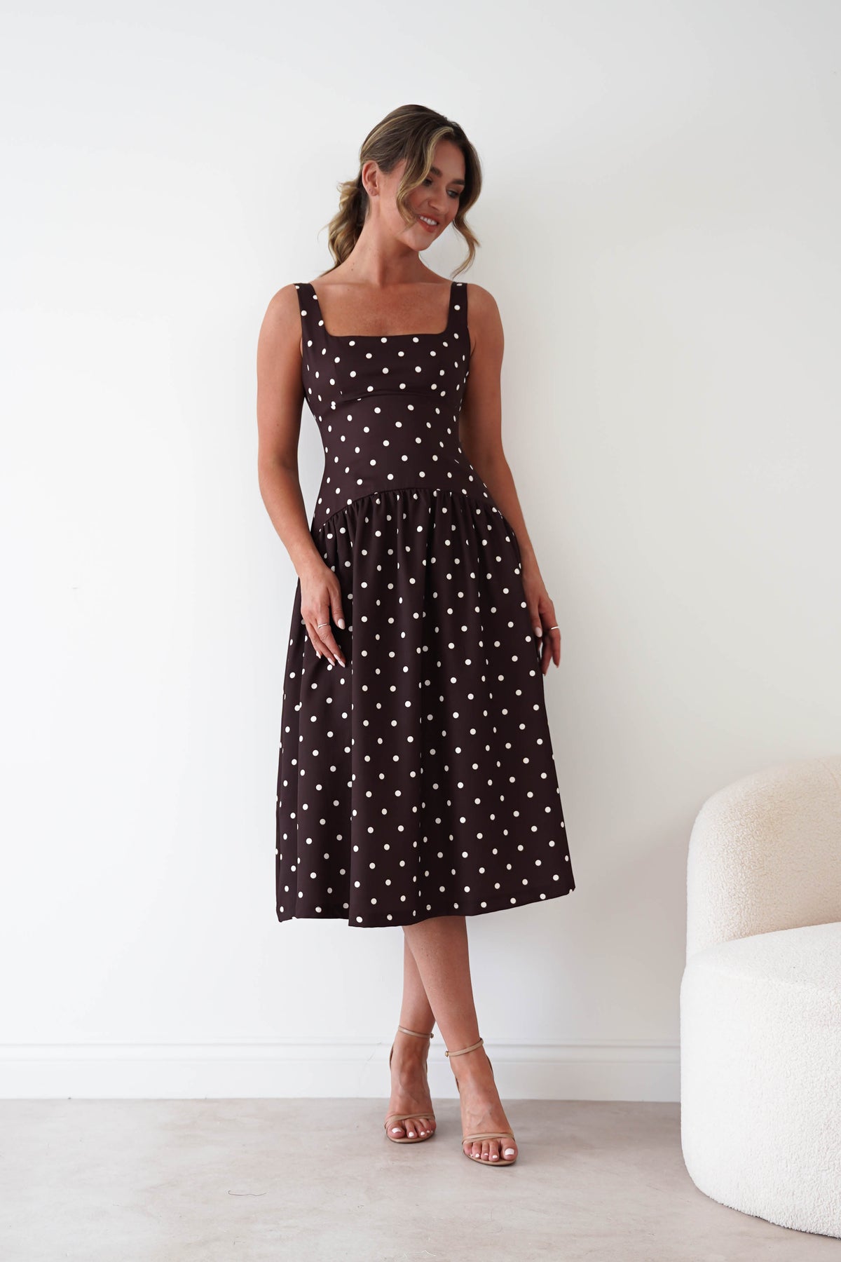 Lorna Square Neck Polka Dot Midi Dress | Brown-Oh Hello Clothing