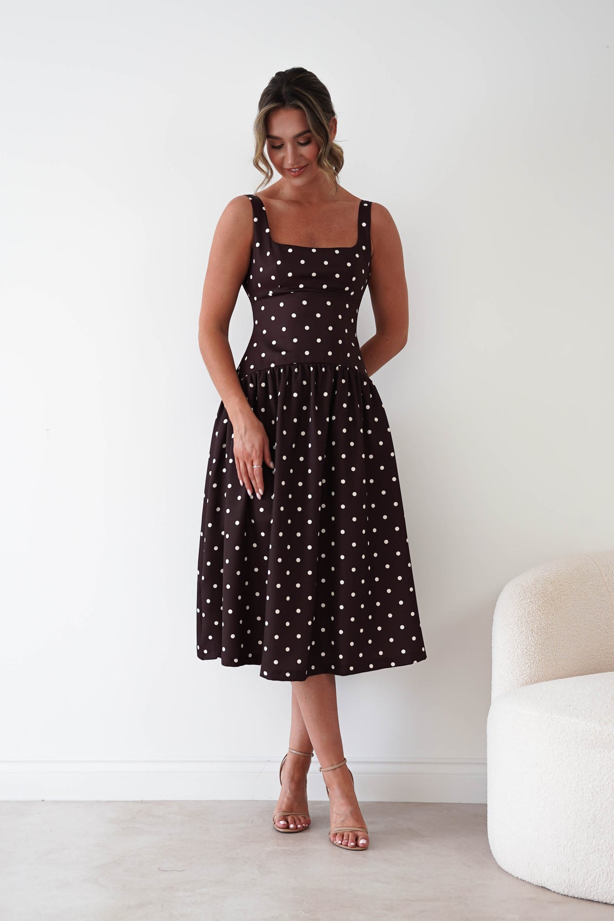 Lorna Square Neck Polka Dot Midi Dress | Brown-Oh Hello Clothing