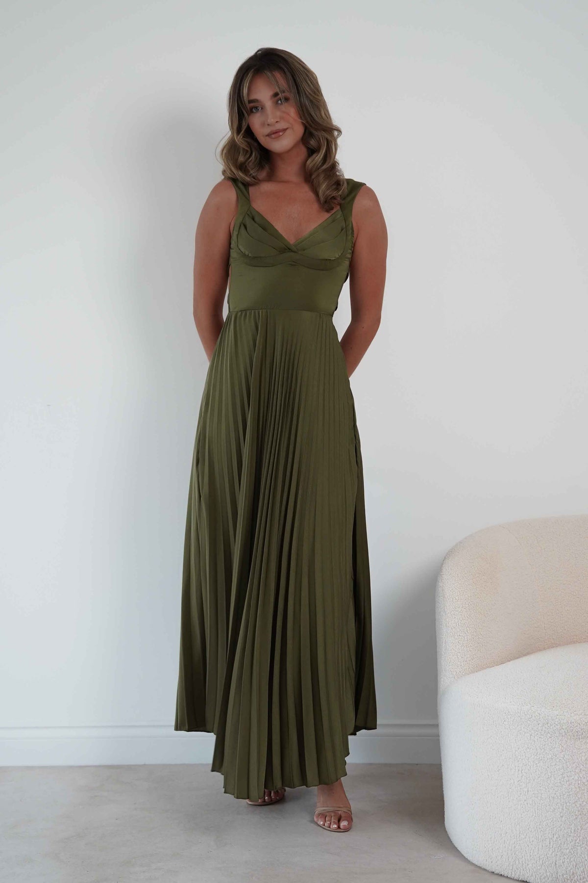 Lottie Pleated Tie Back Maxi Dress | Olive-Oh Hello Clothing