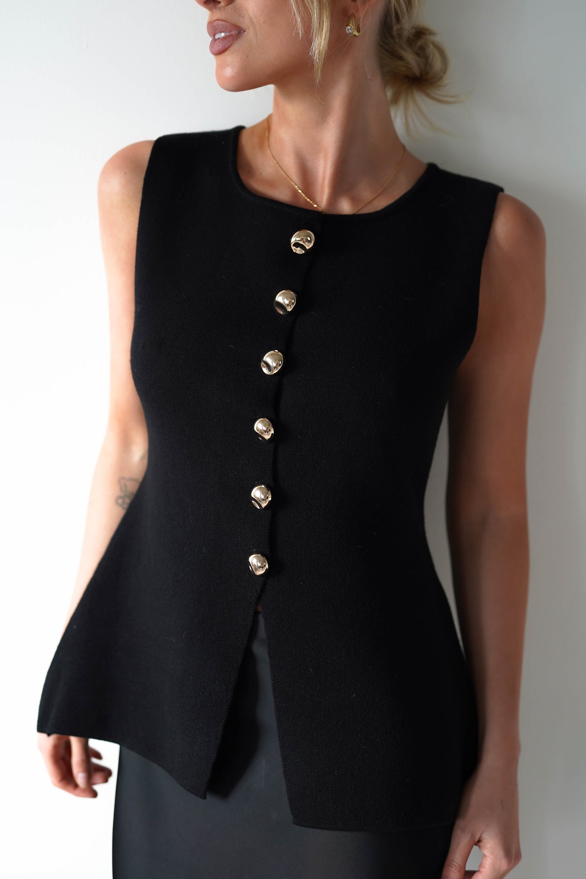 Louella Gold Button Waistcoat Top | Black-Oh Hello Clothing