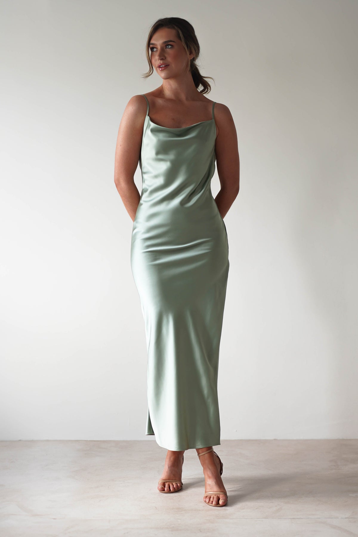 Luiza Low Back Satin Maxi Dress | Sage-Oh Hello Clothing