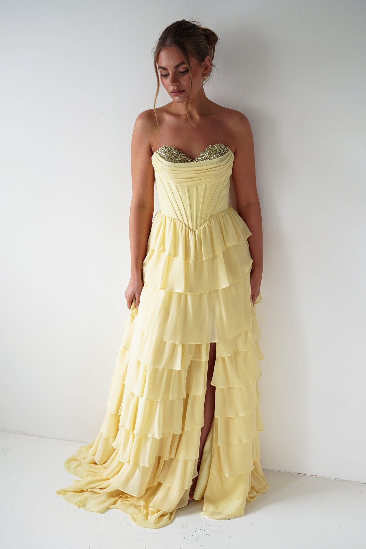 Maddie Ruffle Tiered Sweetheart Gown | Yellow-Oh Hello Clothing