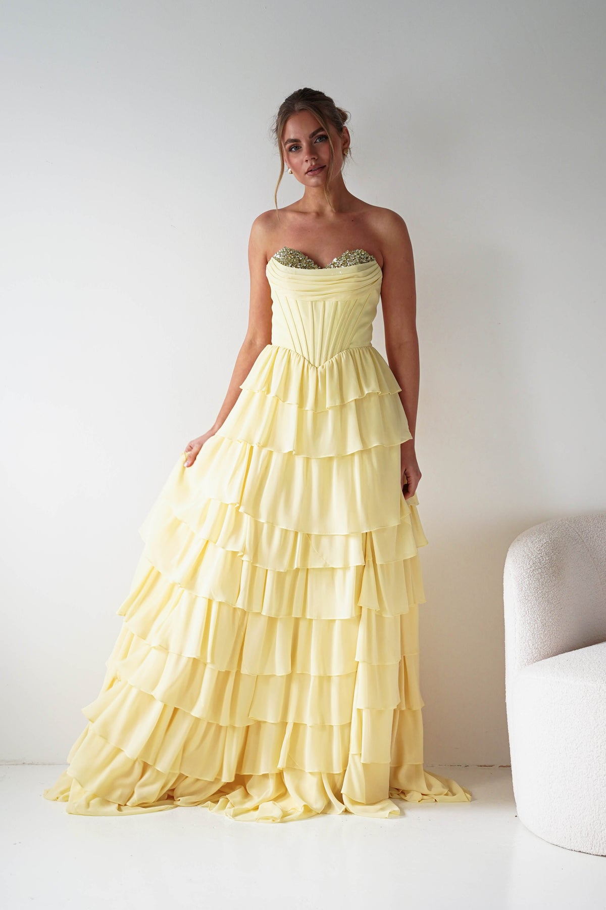 Maddie Ruffle Tiered Sweetheart Gown | Yellow-Oh Hello Clothing