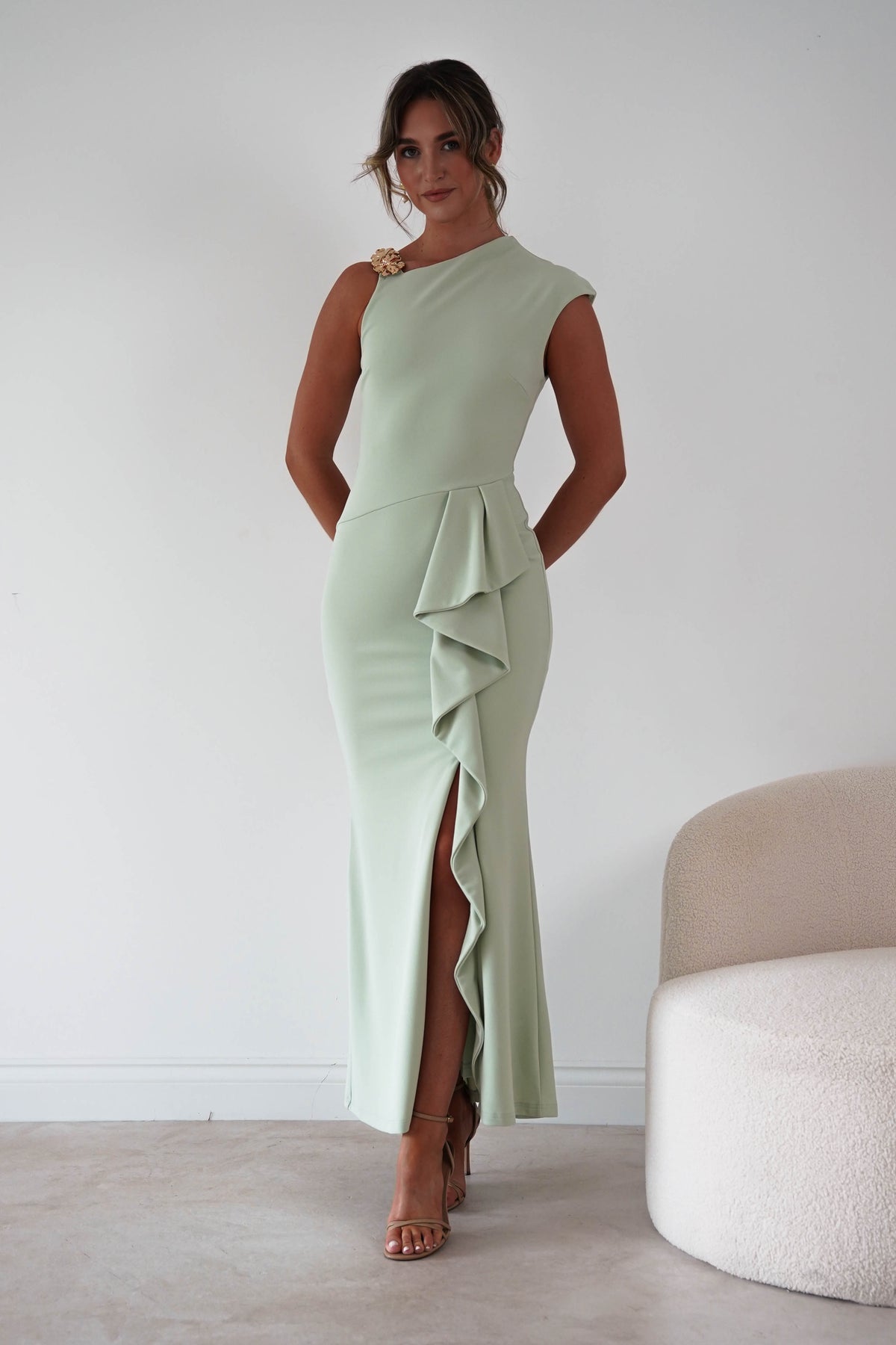 Madina Ruffle Bodycon Maxi Dress | Pistachio Green-Oh Hello Clothing