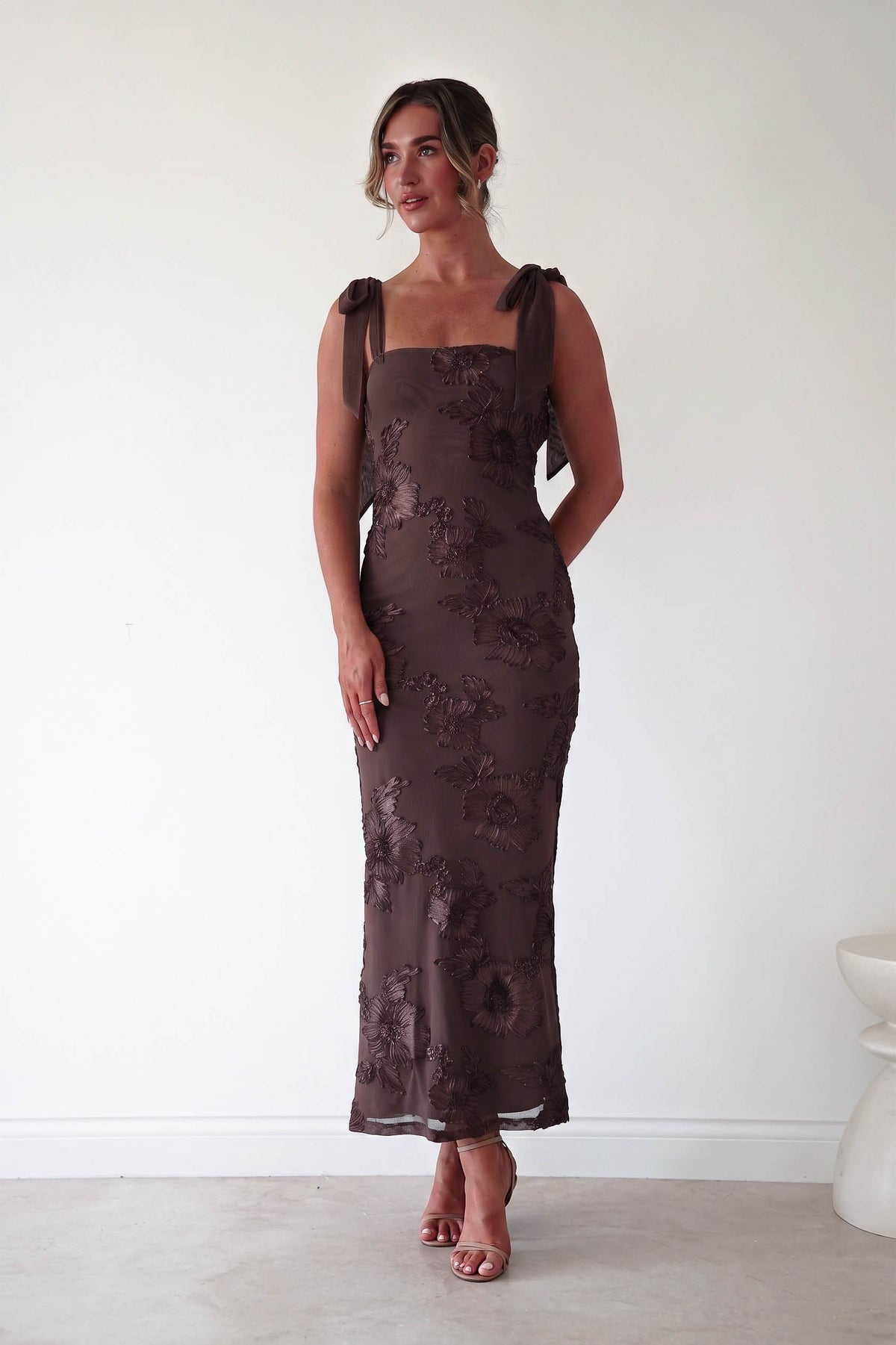 Mahalia Floral Appliqué Maxi Dress | Brown-Oh Hello Clothing