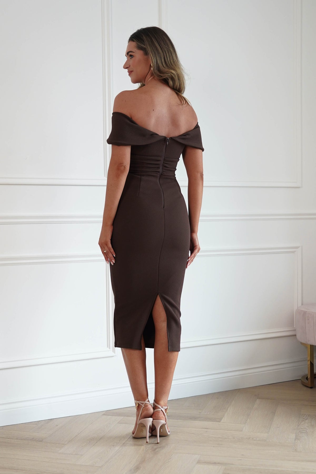 Oh Hello Clothing Women > Clothing > Dresses Mandy Off The Shoulder  Bodycon Midi Dress | Brown