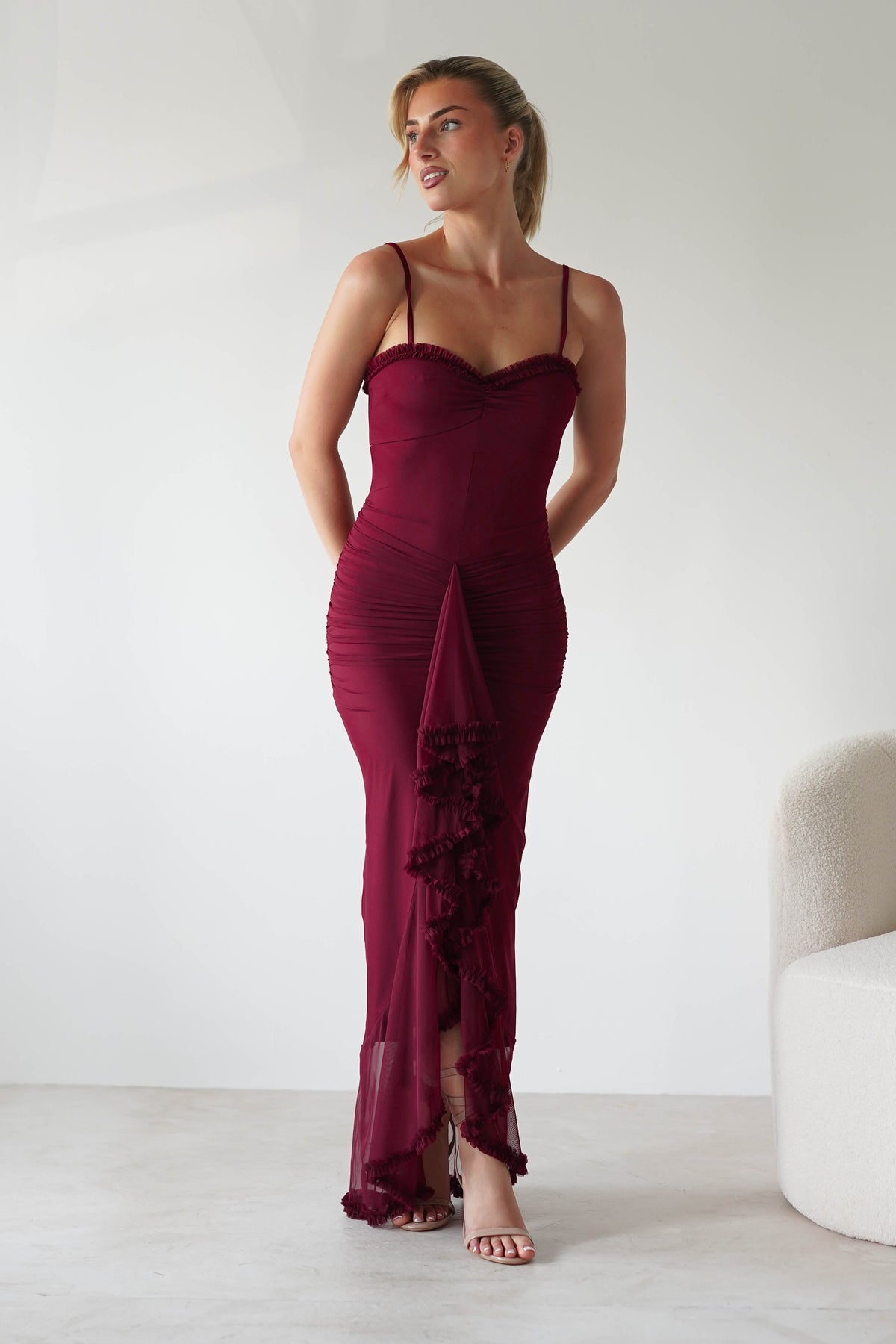 Manuella Mesh Bodycon Midaxi Dress | Burgundy-Oh Hello Clothing