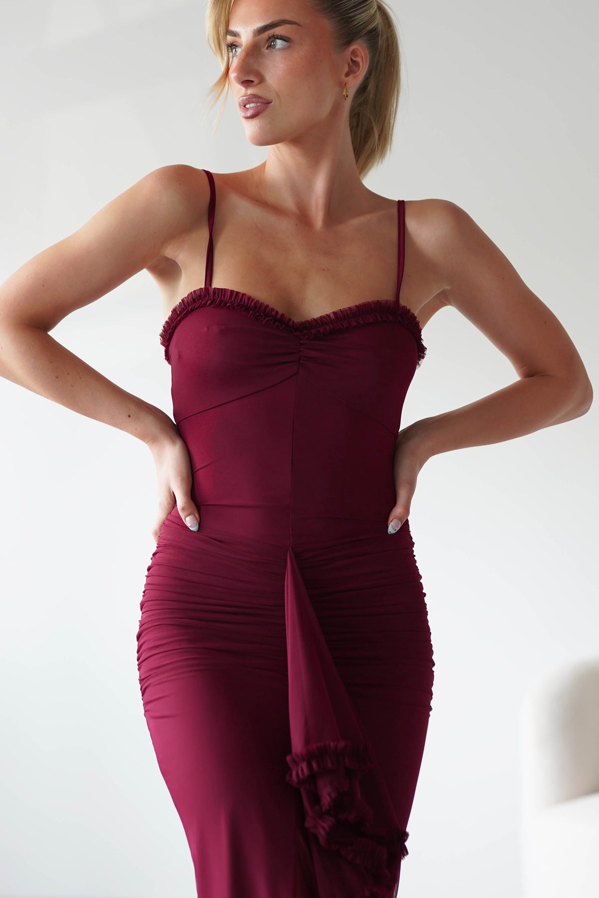 Manuella Mesh Bodycon Midaxi Dress | Burgundy-Oh Hello Clothing