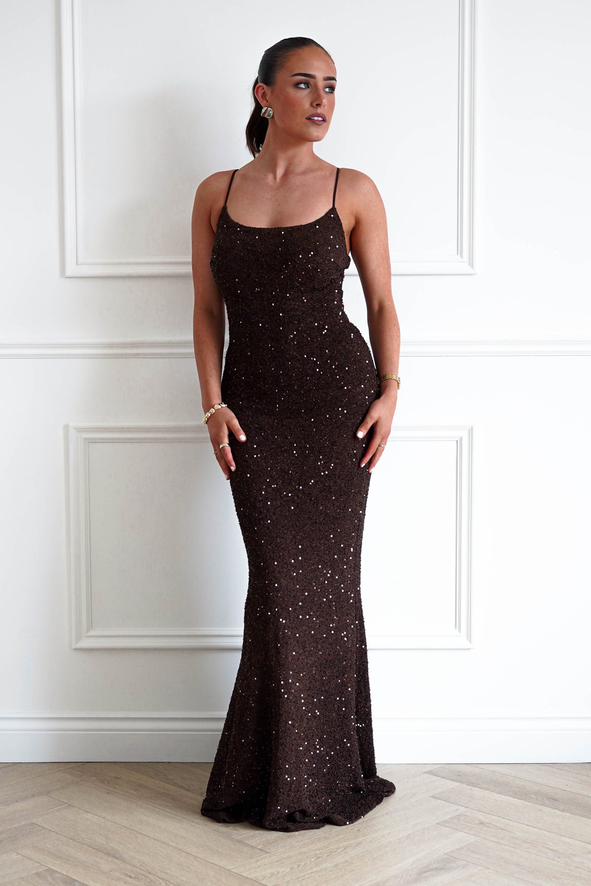 Maria Sequin Bodycon Maxi Gown | Brown-Oh Hello Clothing