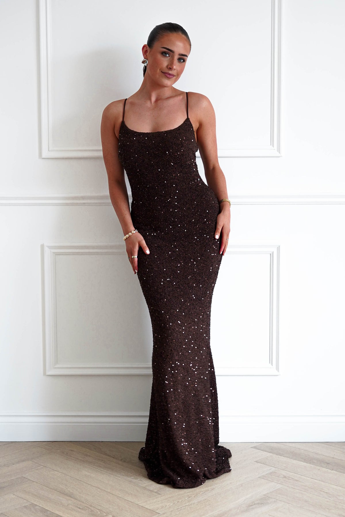 Maria Sequin Bodycon Maxi Gown | Brown-Oh Hello Clothing