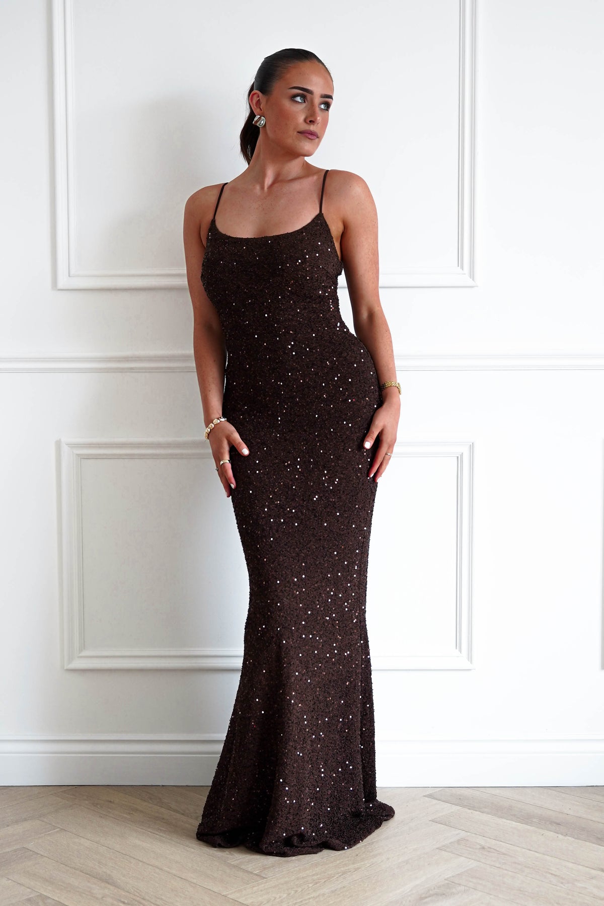 Maria Sequin Bodycon Maxi Gown | Brown-Oh Hello Clothing