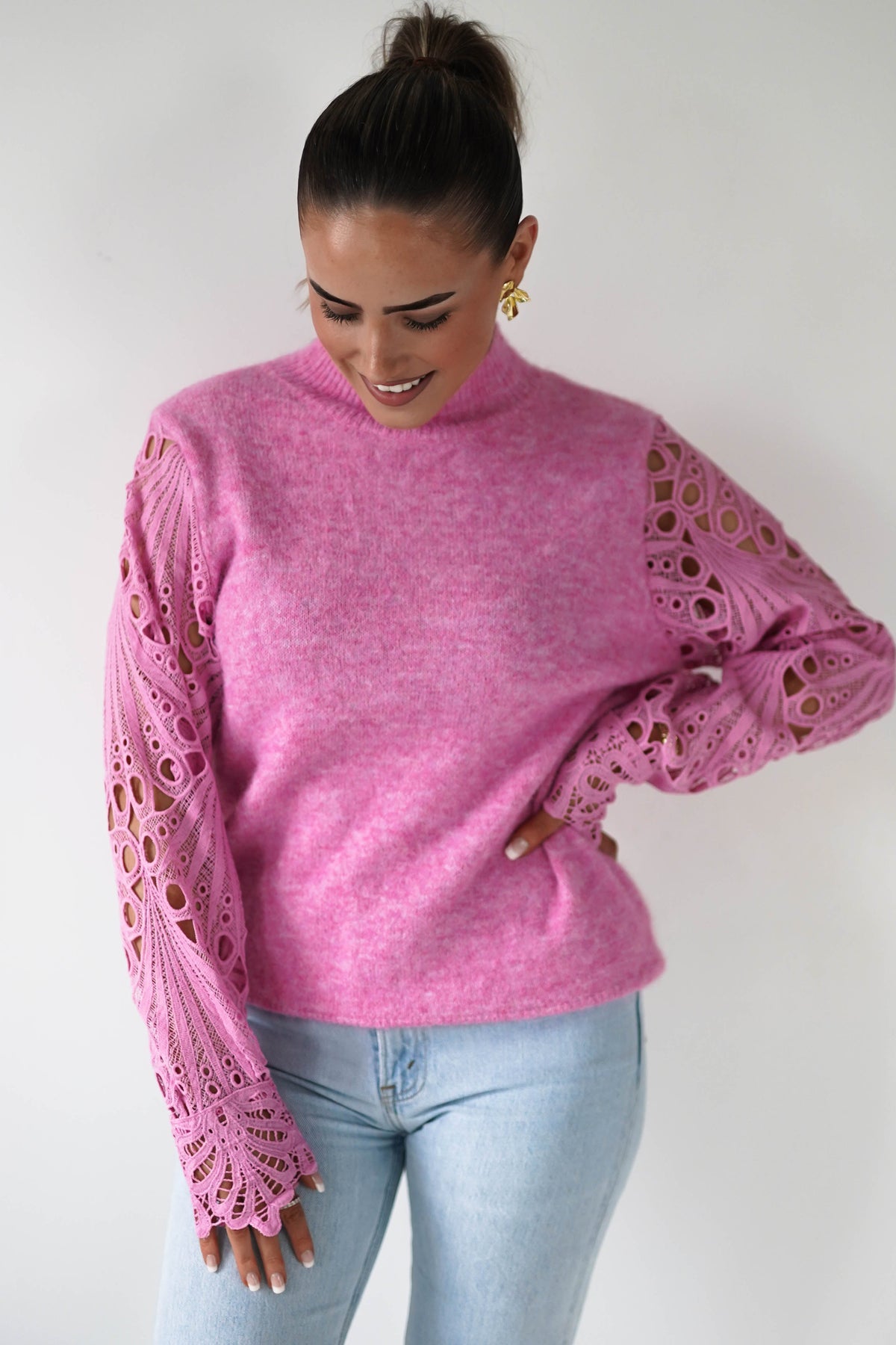 Marie Lace Sleeve Knit Jumper | Pink-Oh Hello Clothing