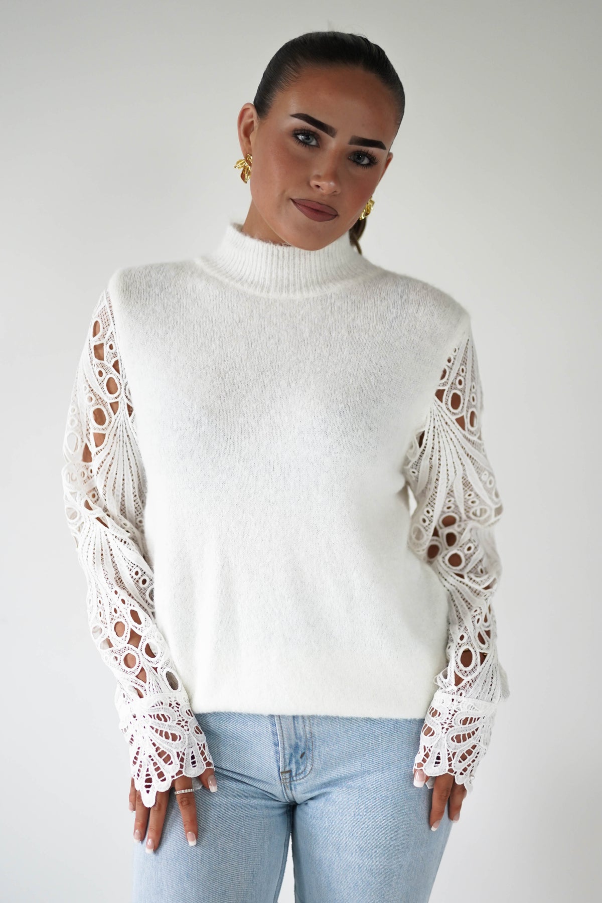 Marie Lace Sleeve Knit Jumper | White-Oh Hello Clothing