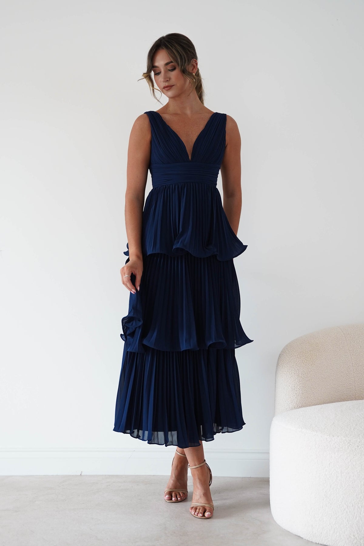 Marielle Pleated Tiered Midi Dress | Navy Blue-Oh Hello Clothing