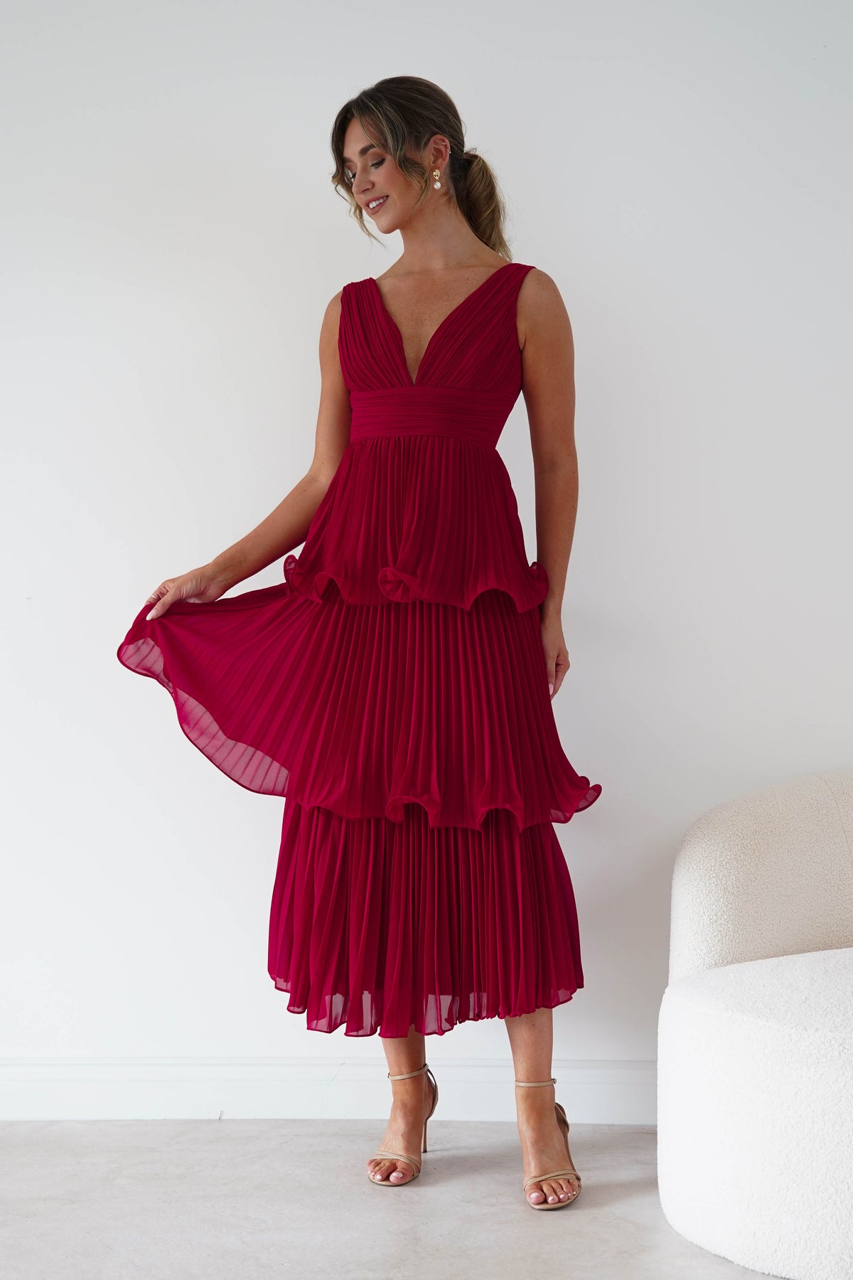Marielle Pleated Tiered Midi Dress | Red-Oh Hello Clothing