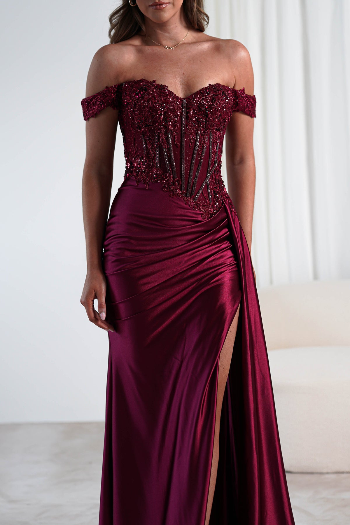 Marsela Lace Bodice Gown | Burgundy-Oh Hello Clothing