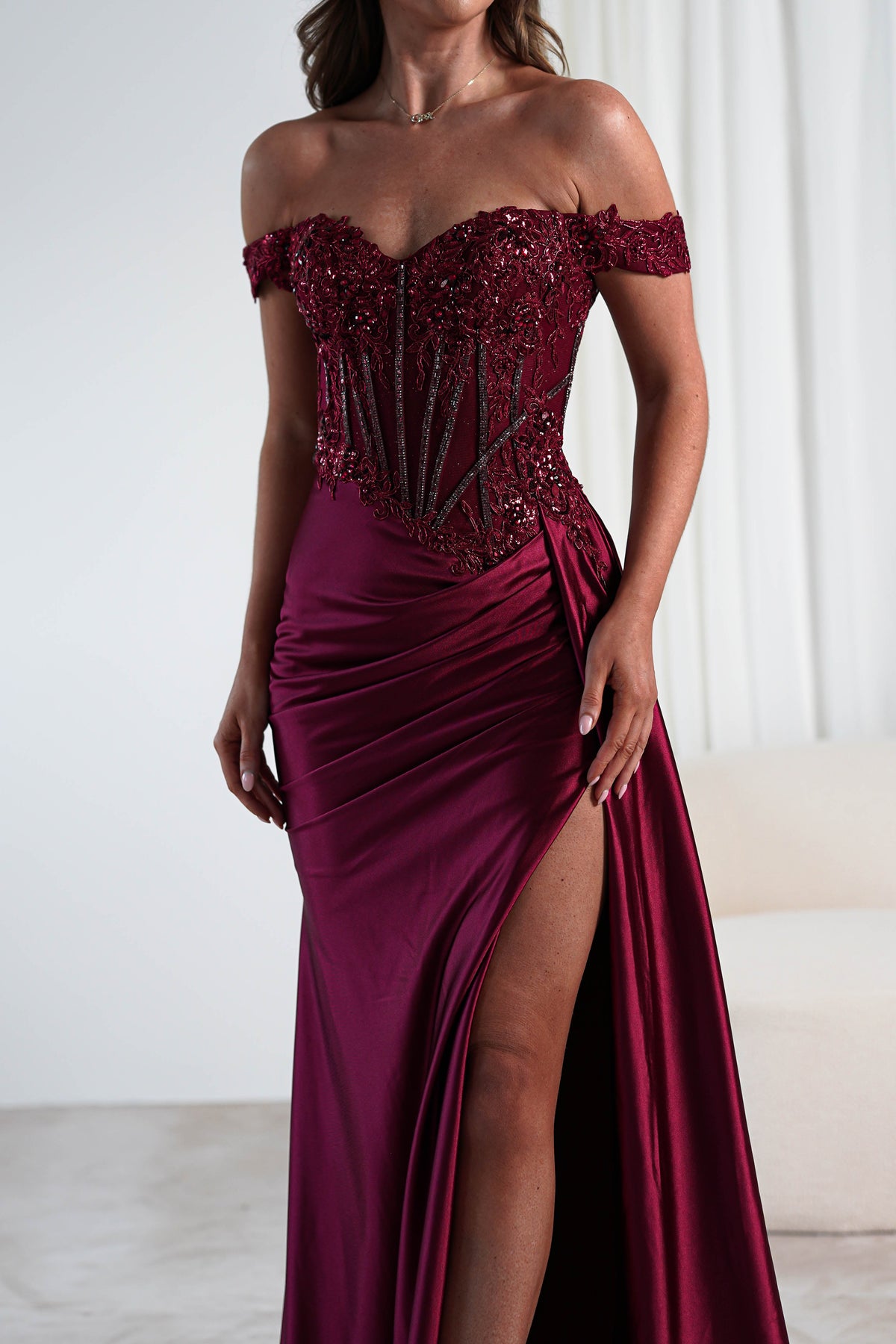 Marsela Lace Bodice Gown | Burgundy-Oh Hello Clothing