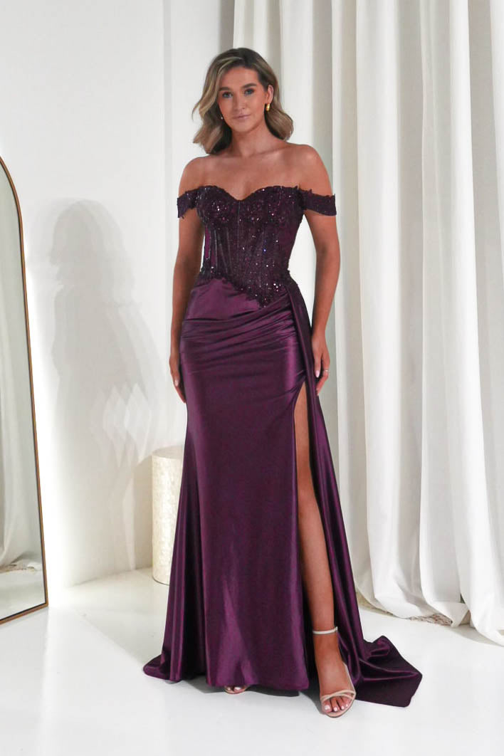 Marsela Lace Bodice Gown | Eggplant-Oh Hello Clothing