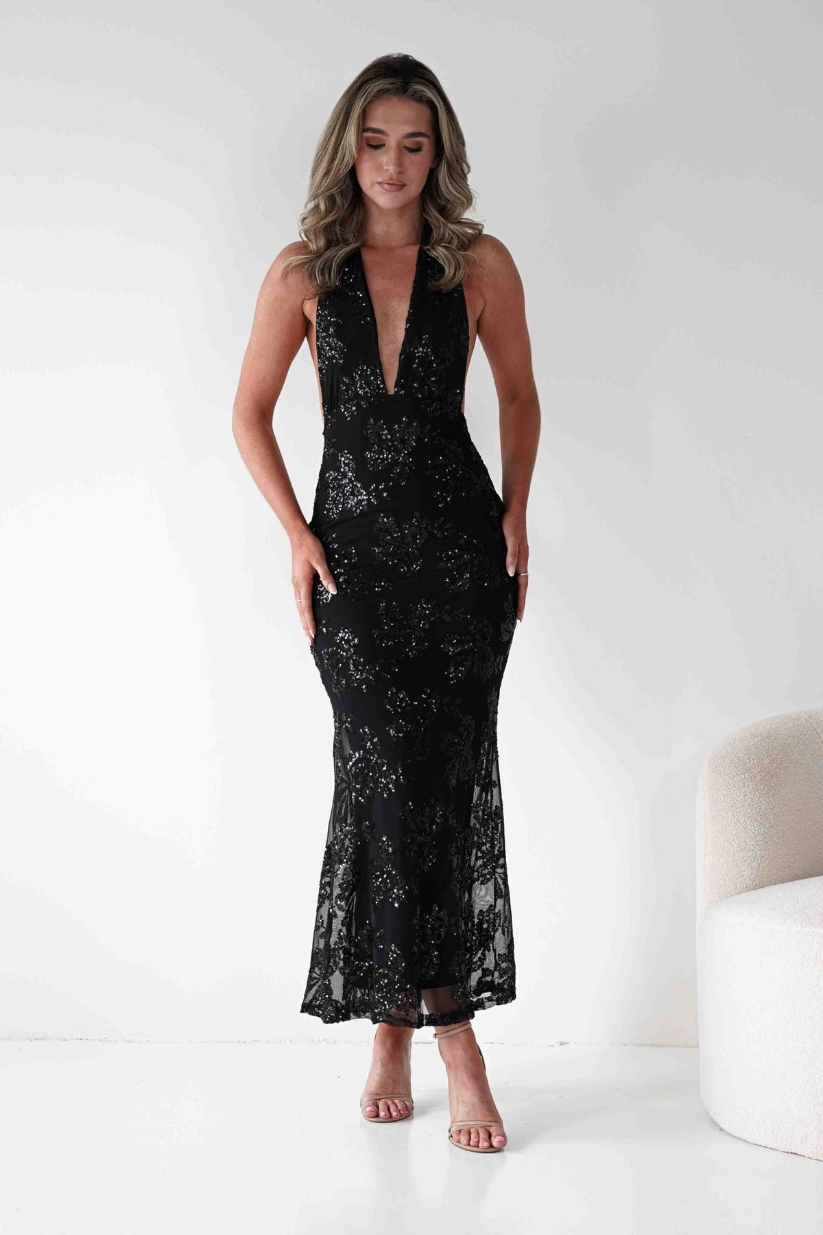 Michaela Halterneck Sequin Maxi Dress | Black-Oh Hello Clothing