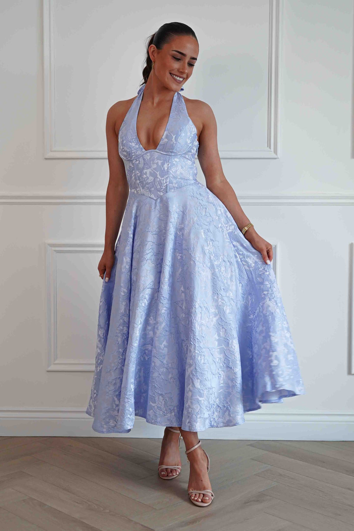 Mila Jacquard Plunge Midi Dress | Blue-Oh Hello Clothing