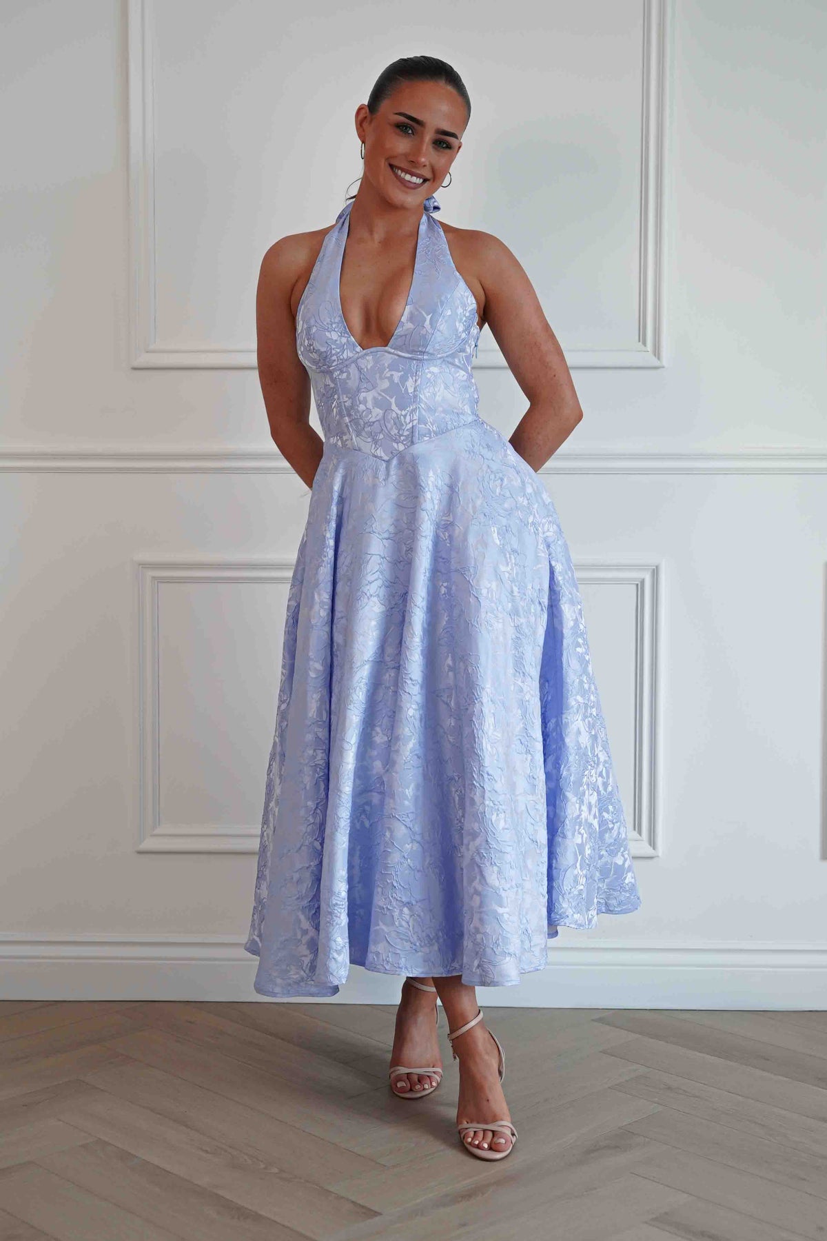 Mila Jacquard Plunge Midi Dress | Blue-Oh Hello Clothing