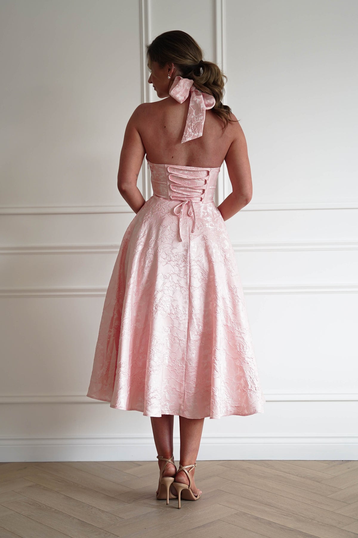 Mila Jacquard Plunge Midi Dress | Blush-Oh Hello Clothing