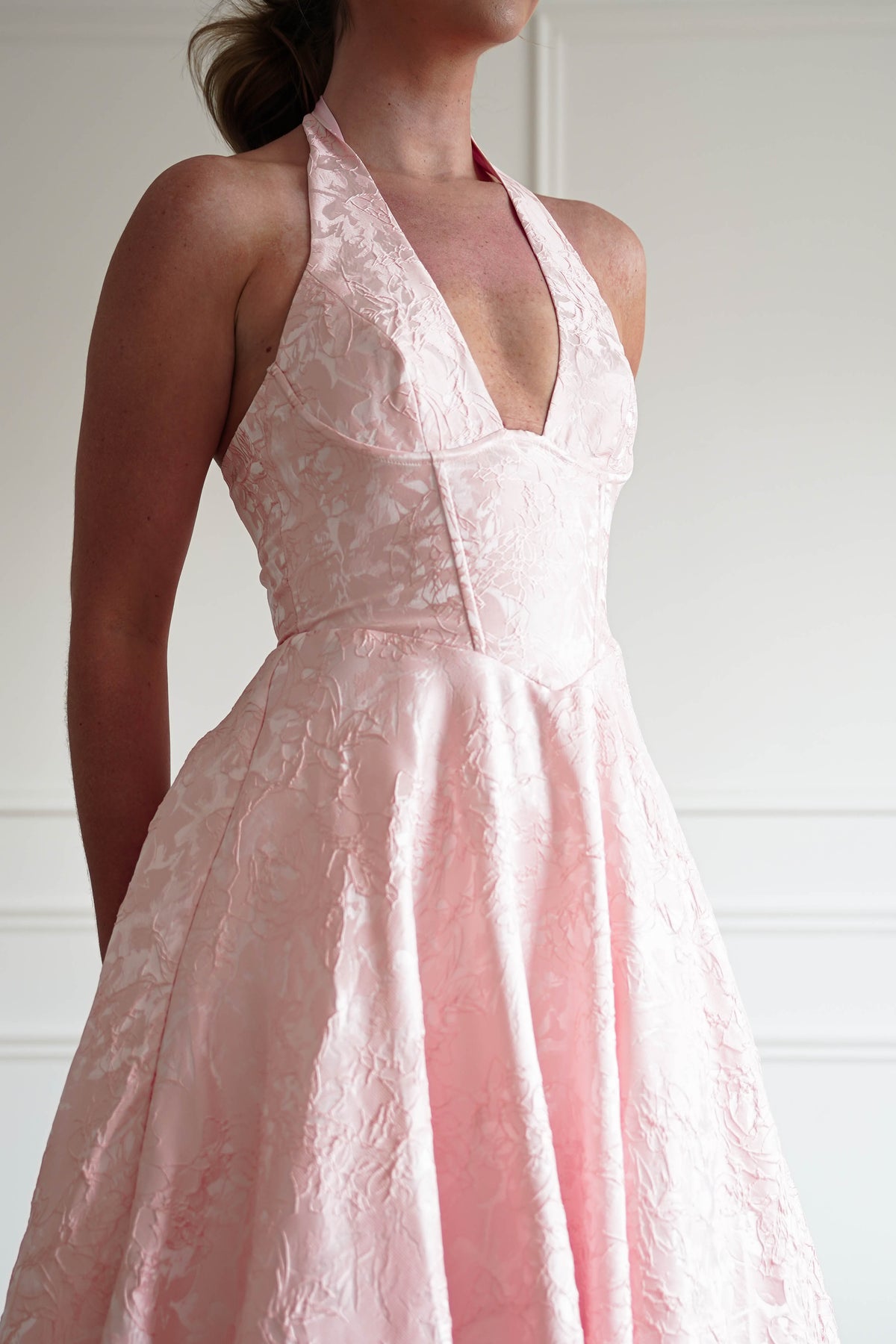 Mila Jacquard Plunge Midi Dress | Blush-Oh Hello Clothing