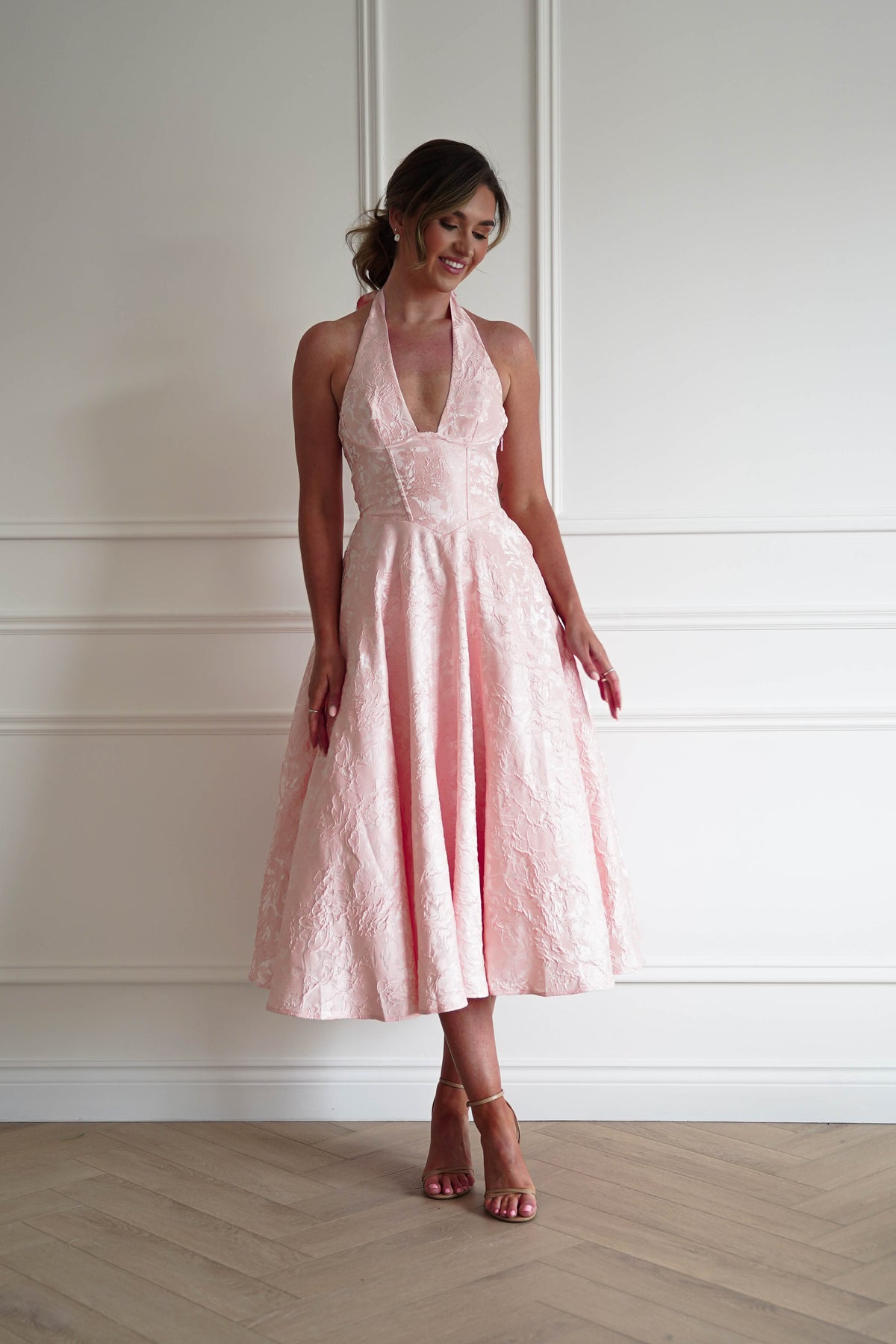 Mila Jacquard Plunge Midi Dress | Blush-Oh Hello Clothing