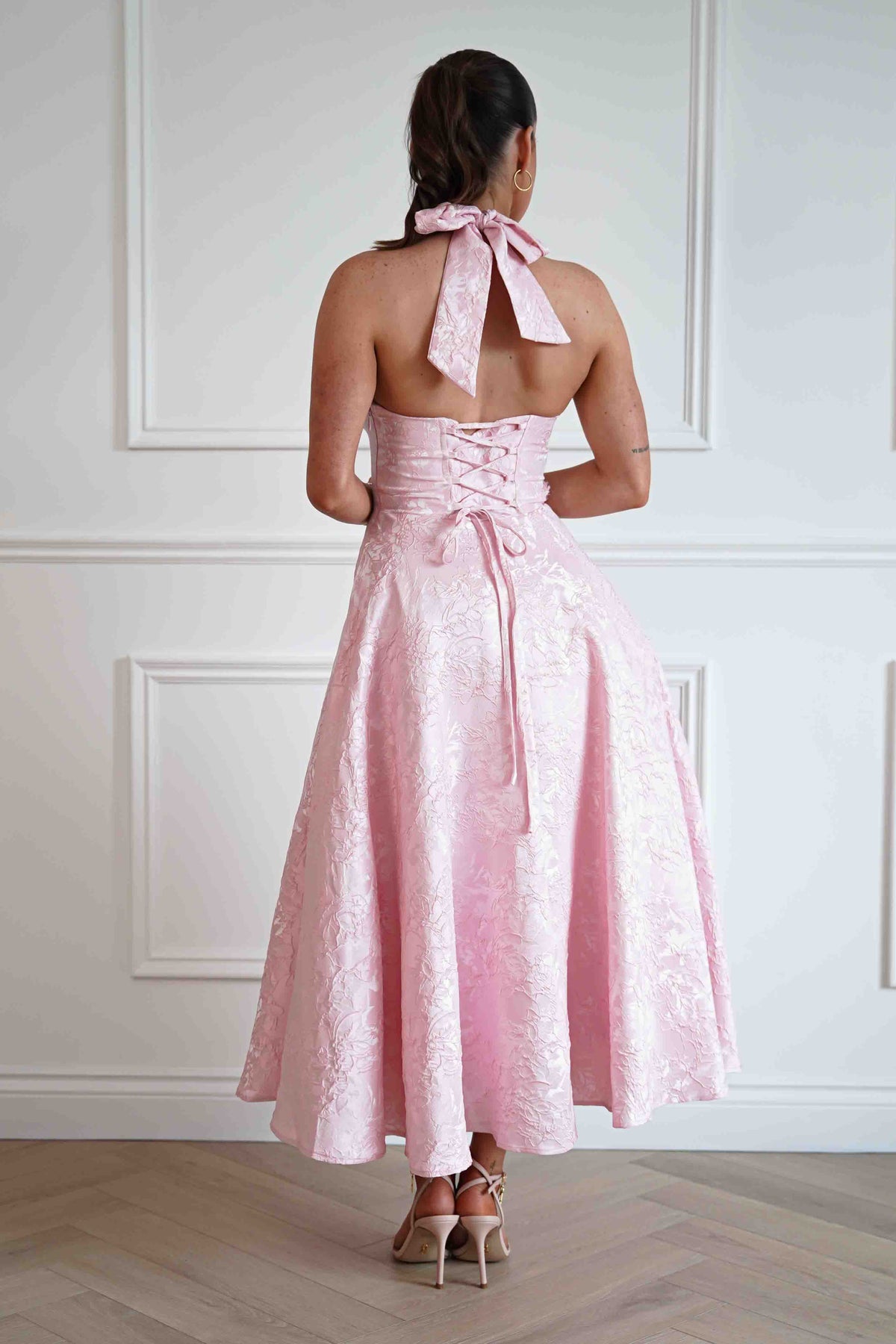 Mila Jacquard Plunge Midi Dress | Pink-Oh Hello Clothing