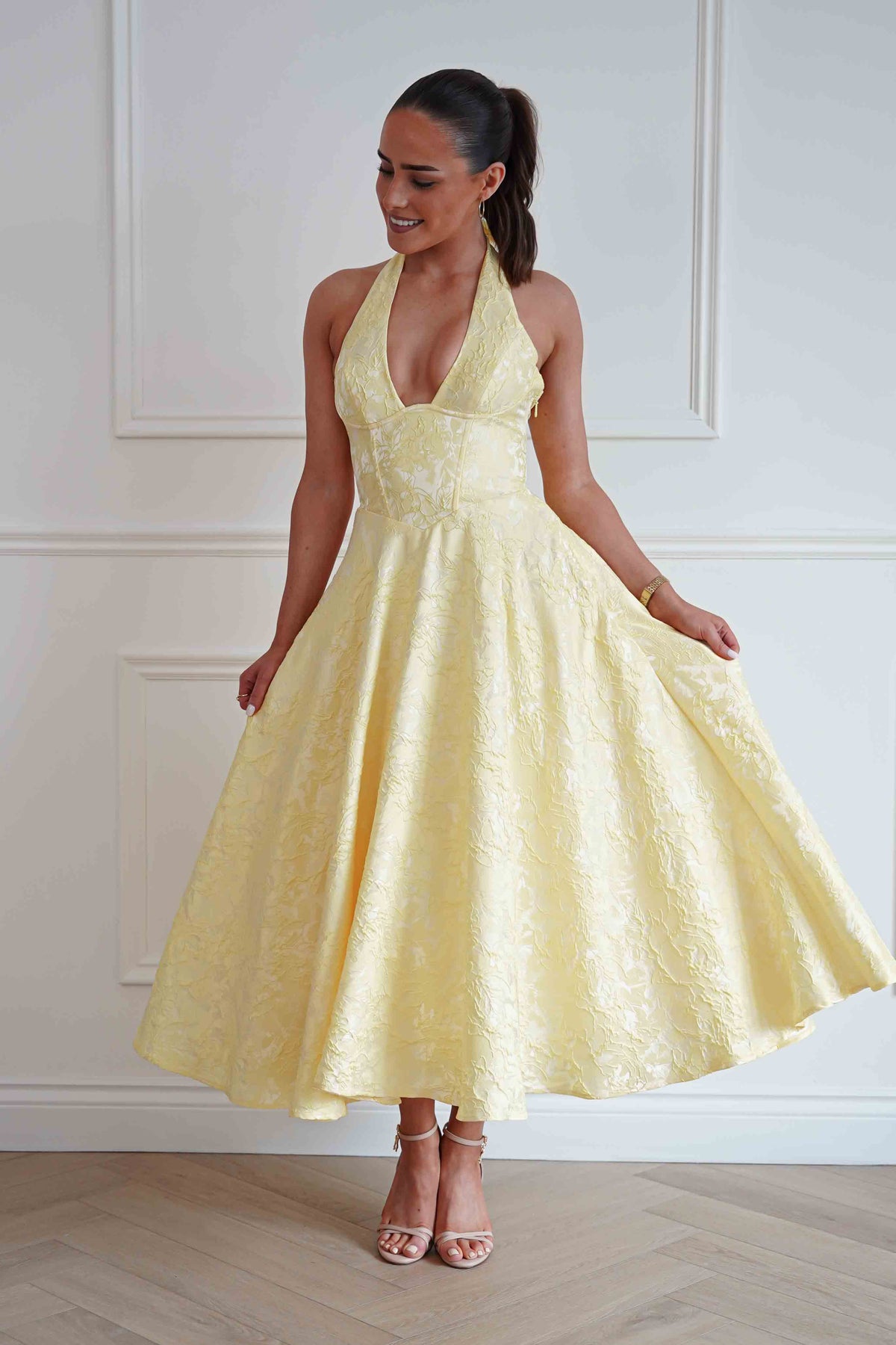 Mila Jacquard Plunge Midi Dress | Yellow-Oh Hello Clothing