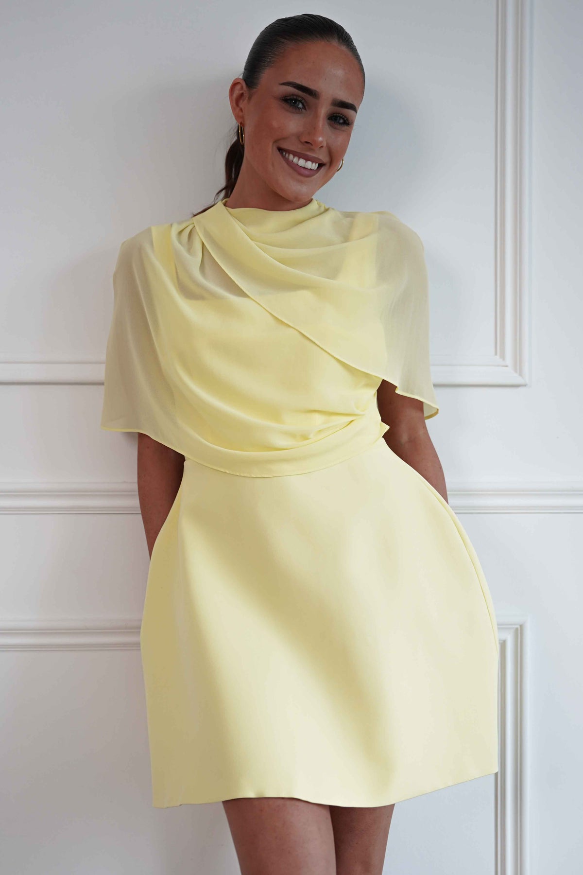 Millie Structured Chiffon Cape Mini Dress | Yellow-Oh Hello Clothing