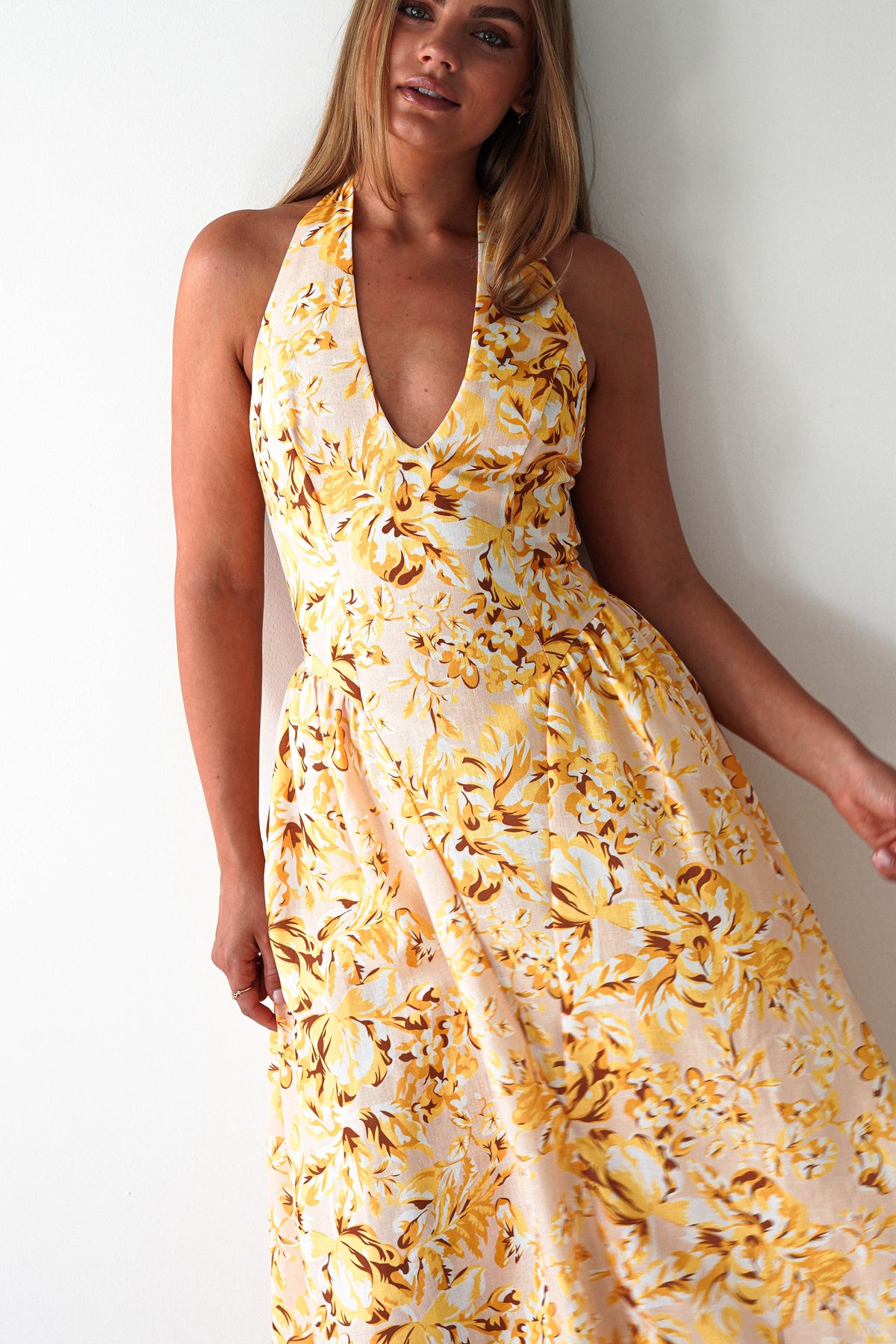 Mina Halterneck Floral Skater Maxi Dress | Yellow-Oh Hello Clothing