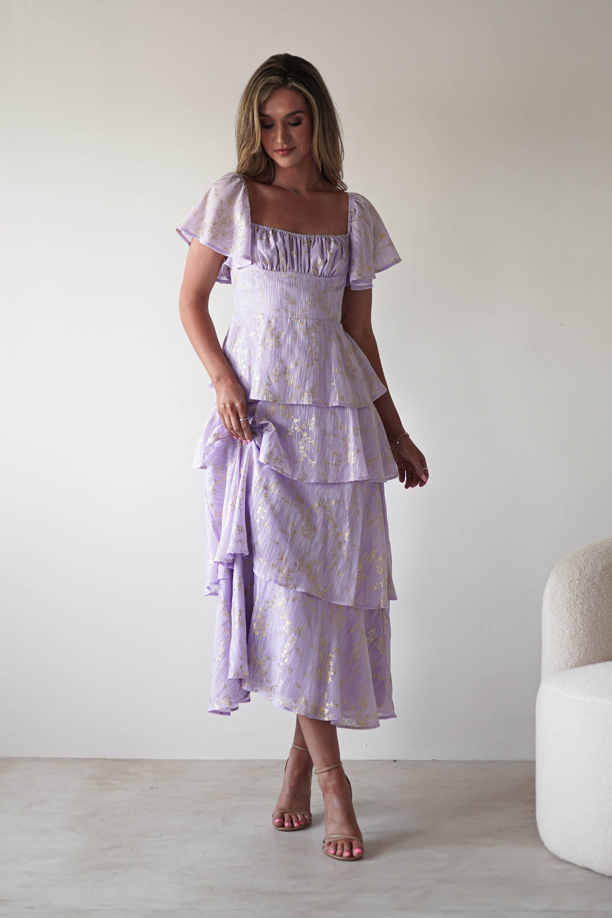 Mirielle Gold Detail Ruffle Maxi Dress | Lilac-Oh Hello Clothing