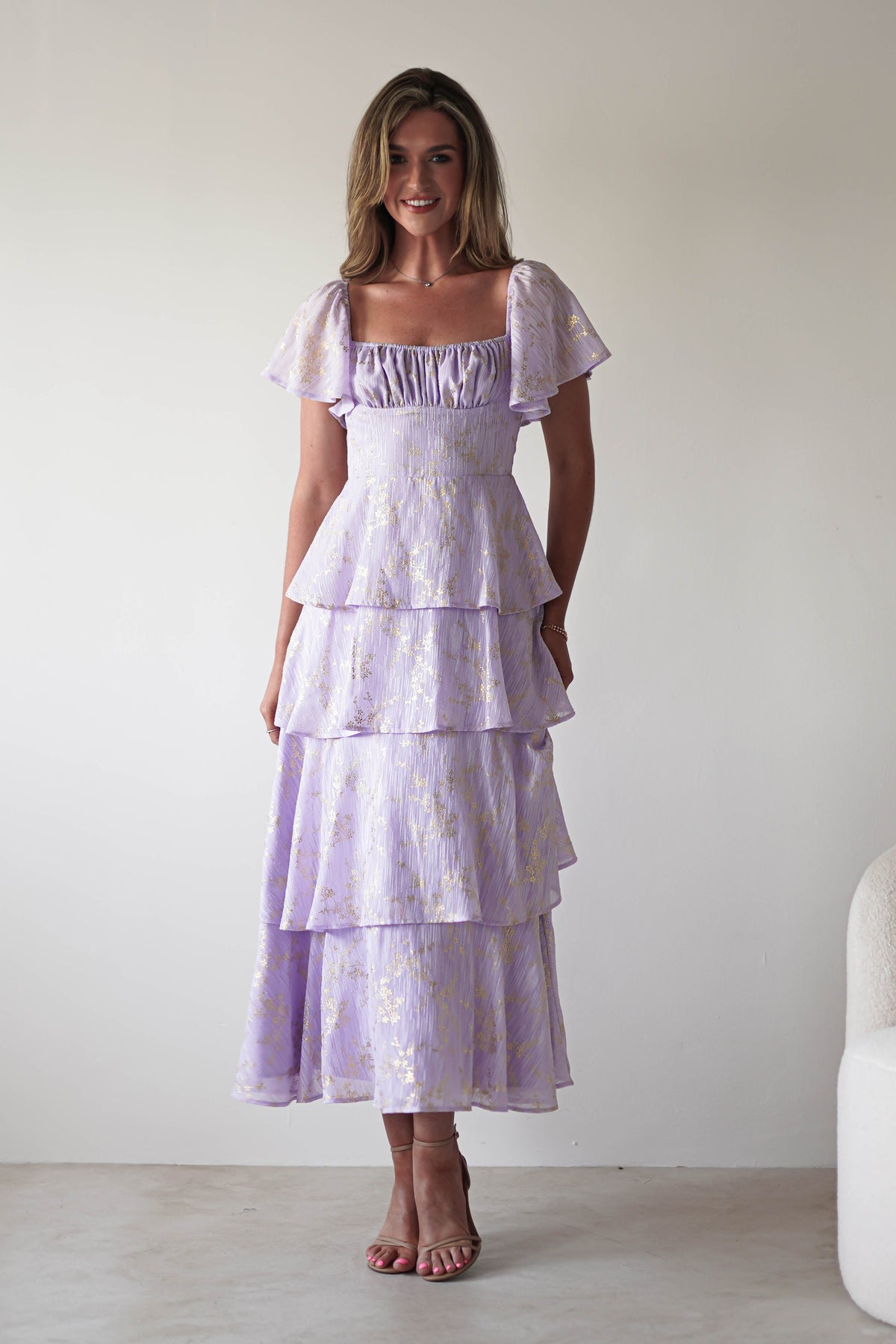Mirielle Gold Detail Ruffle Maxi Dress | Lilac-Oh Hello Clothing