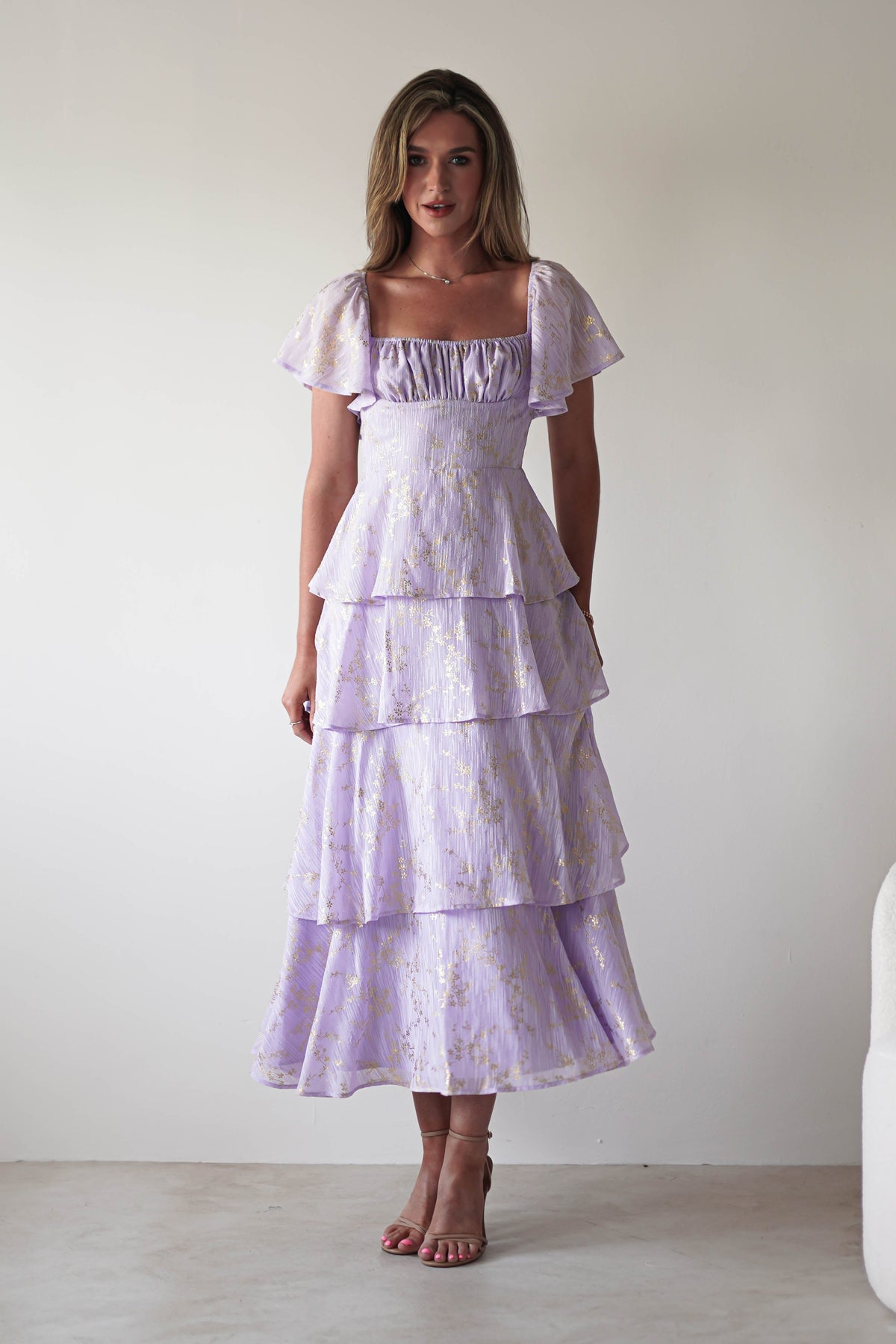 Mirielle Gold Detail Ruffle Maxi Dress | Lilac-Oh Hello Clothing