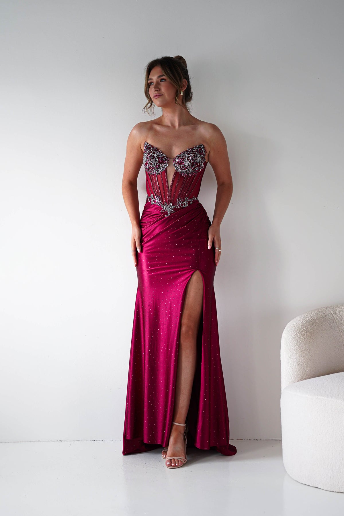 Monaco Rhinestone Strapless Gown | Dark Red-Oh Hello Clothing