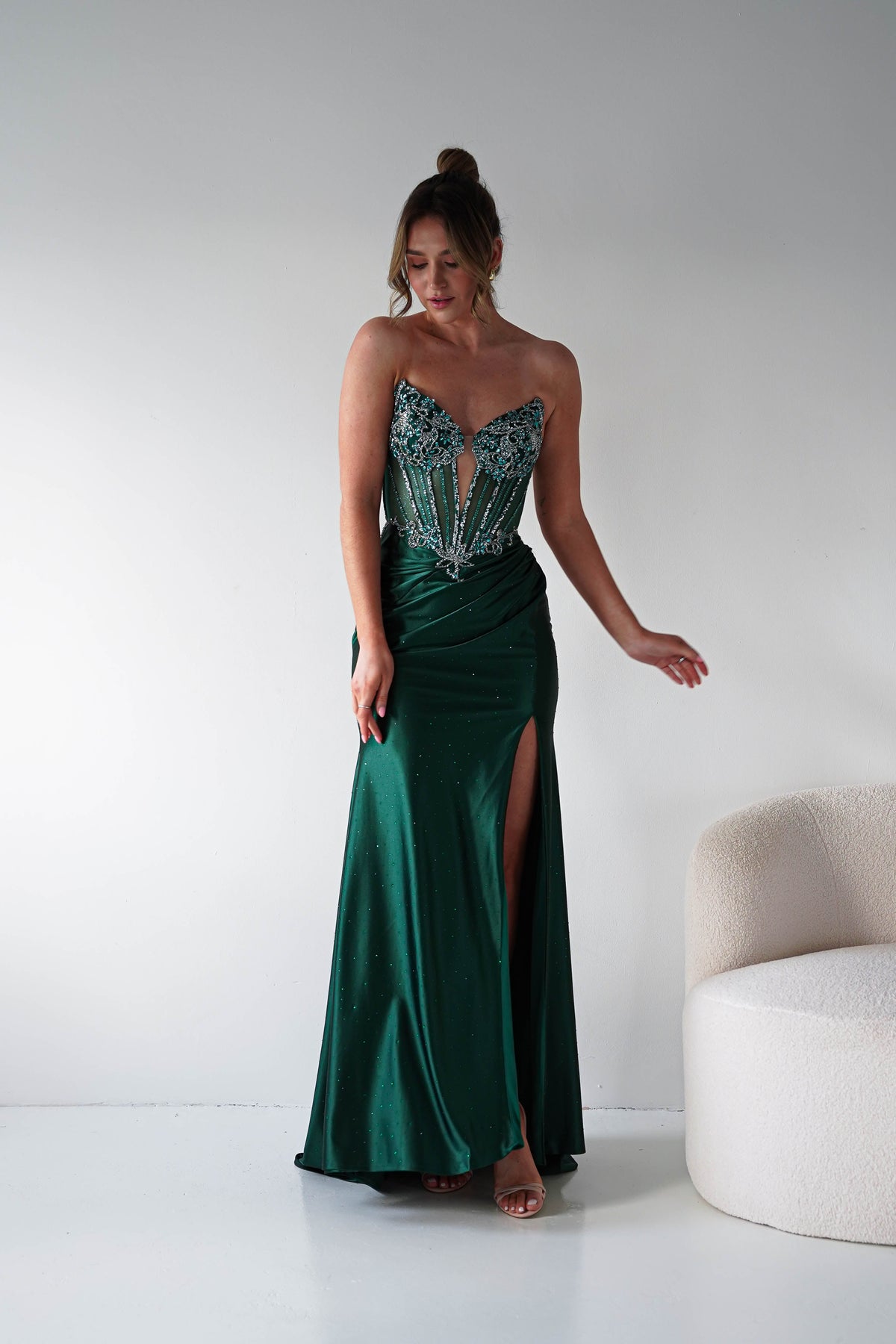 Monaco Rhinestone Strapless Gown | Emerald Green-Oh Hello Clothing