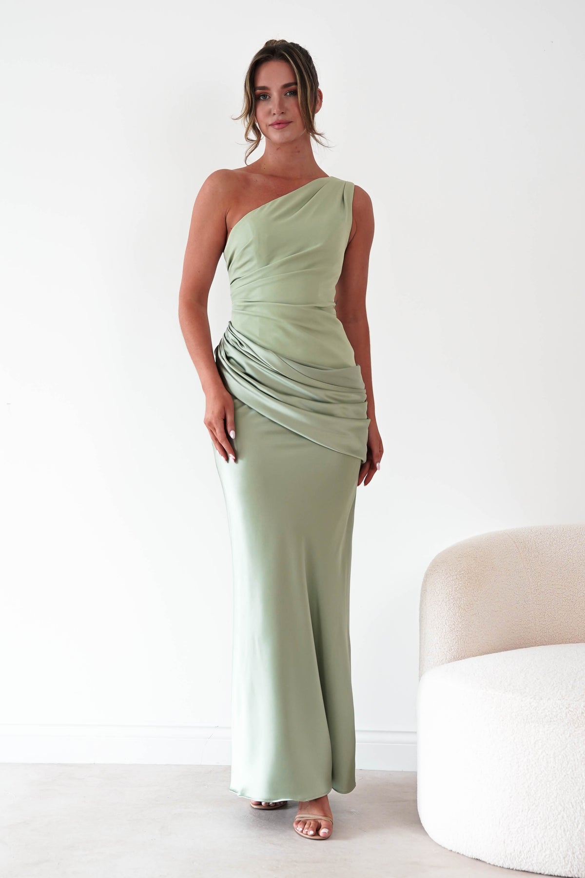Nadalia One Shoulder Satin Maxi Dress | Sage-Oh Hello Clothing