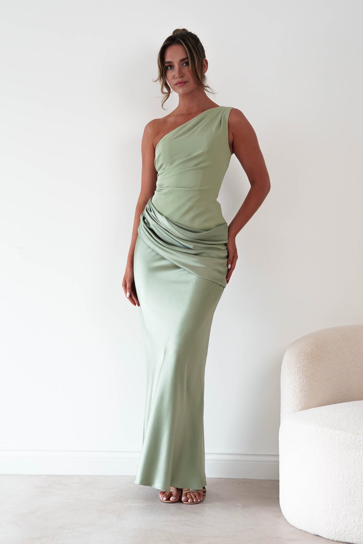 Nadalia One Shoulder Satin Maxi Dress | Sage-Oh Hello Clothing