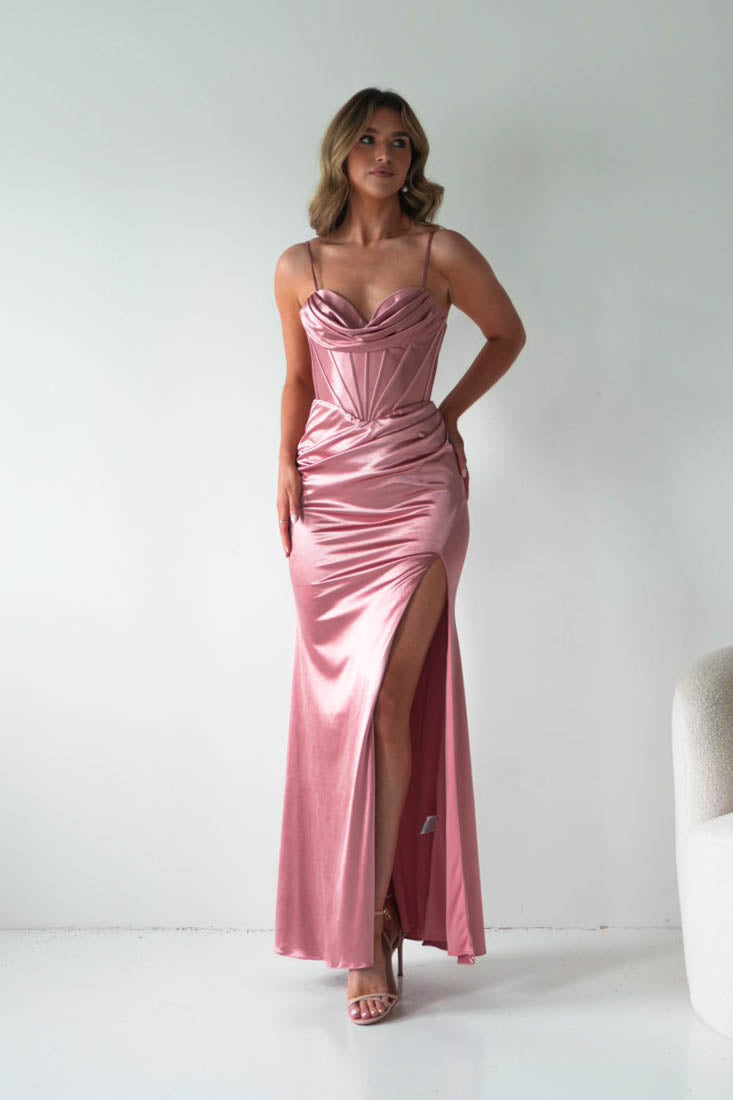 Naida Draped Corset Satin Maxi Dress | Rose-Oh Hello Clothing