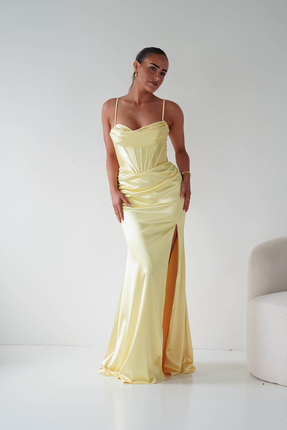 Naida Draped Corset Satin Maxi Dress | Yellow-Oh Hello Clothing