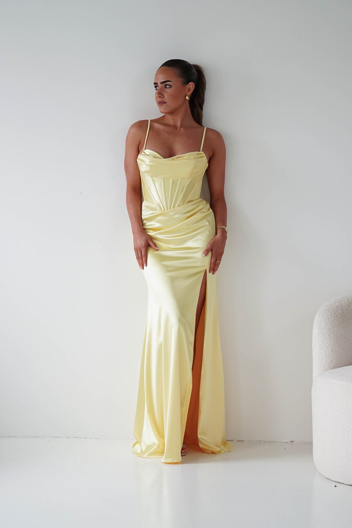 Naida Draped Corset Satin Maxi Dress | Yellow-Oh Hello Clothing