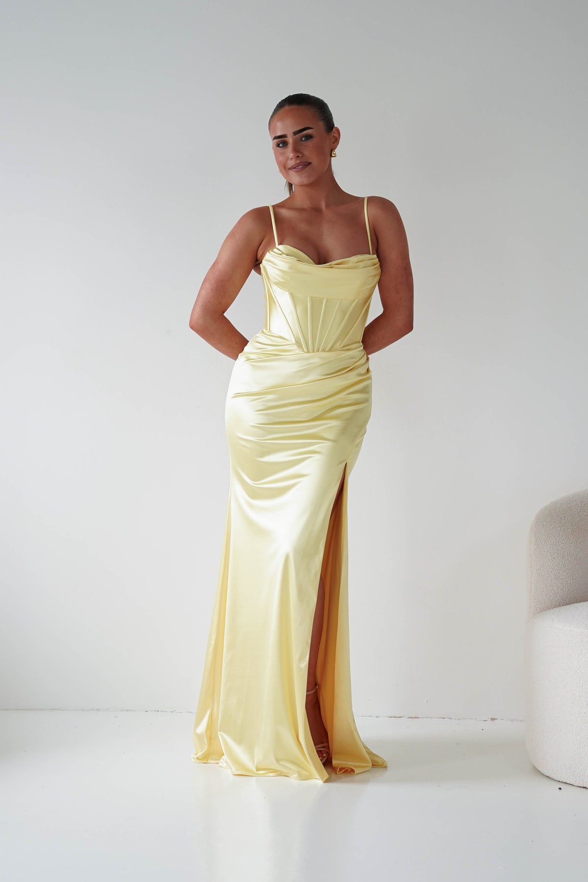 Naida Draped Corset Satin Maxi Dress | Yellow-Oh Hello Clothing