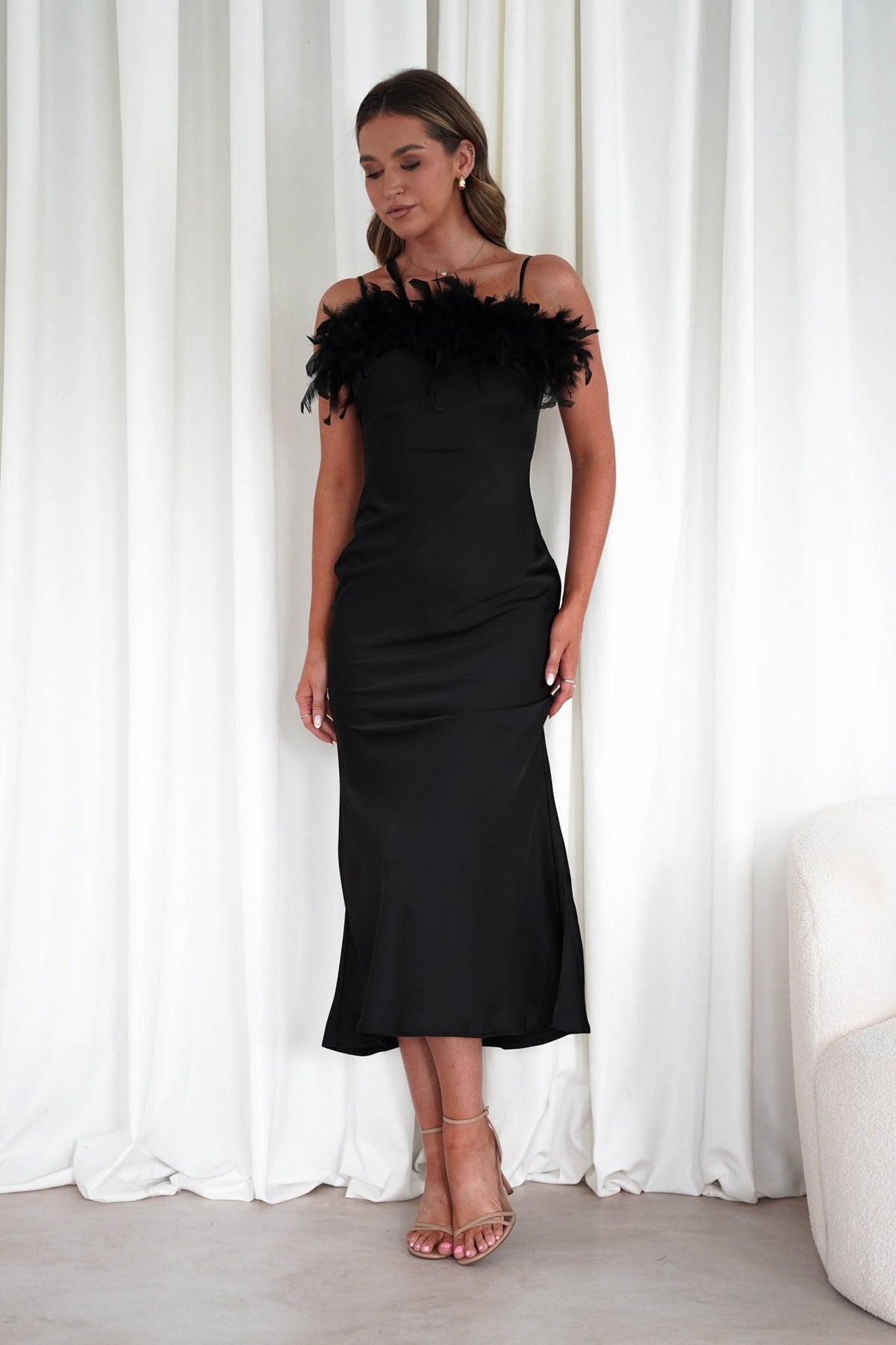 Neve Silky Satin Feather Slip Dress | Black-Oh Hello Clothing