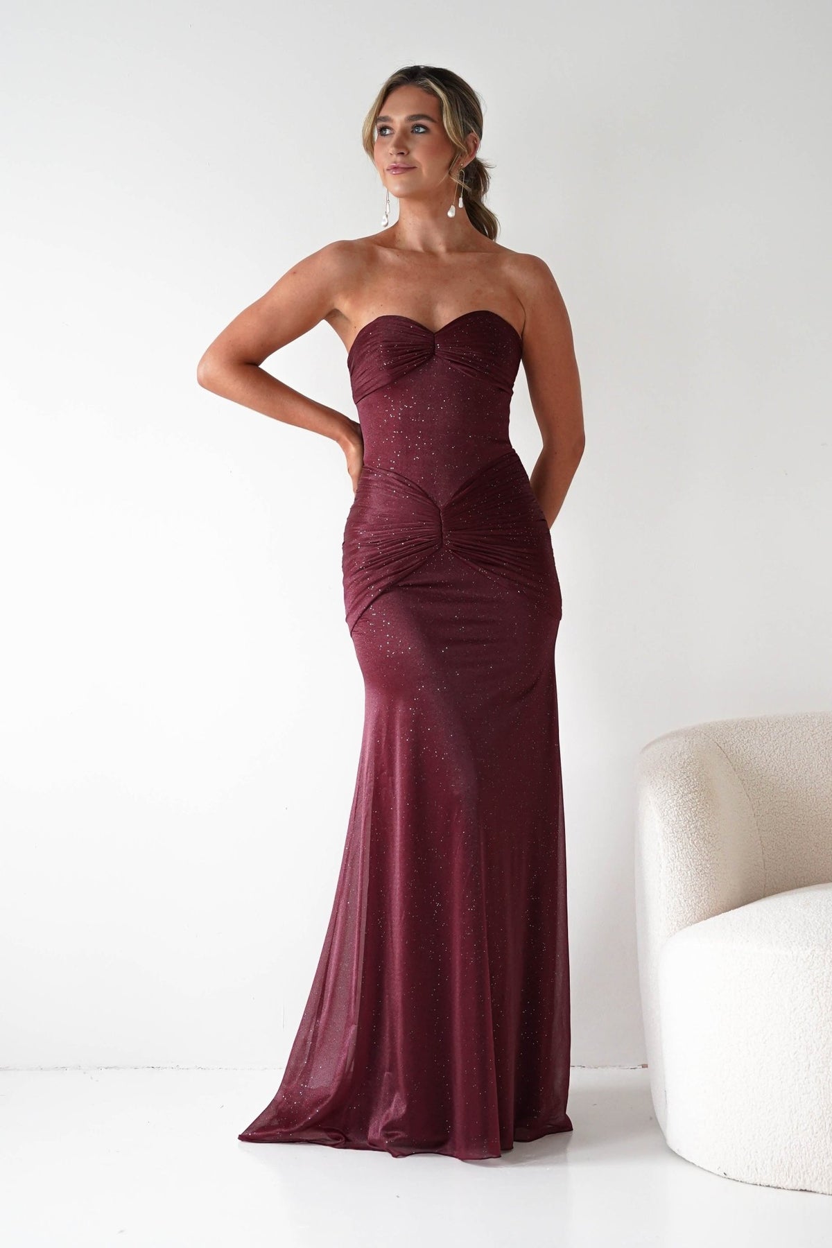 Nicola Strapless Glitter Gown | Burgundy-Oh Hello Clothing
