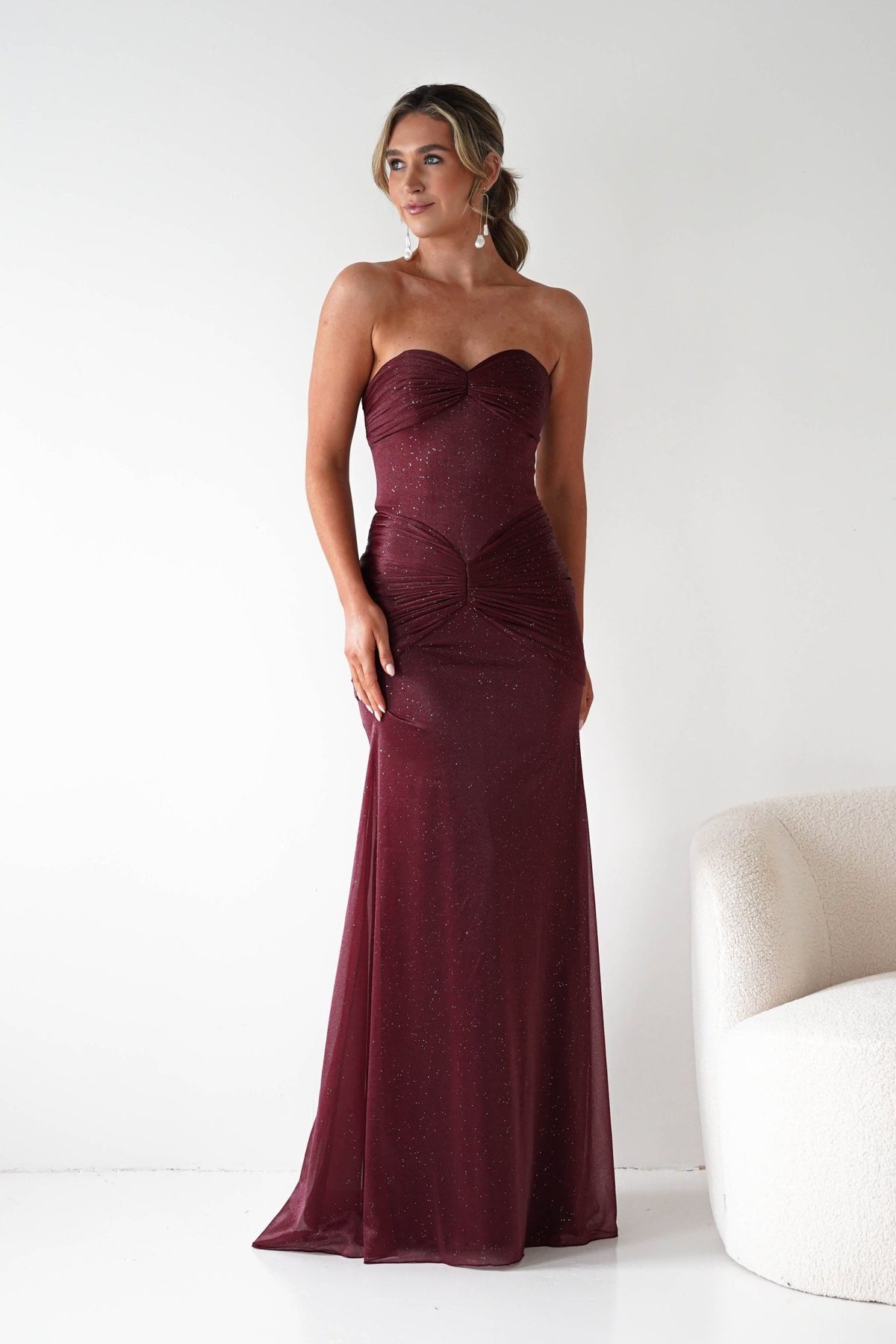 Nicola Strapless Glitter Gown | Burgundy-Oh Hello Clothing