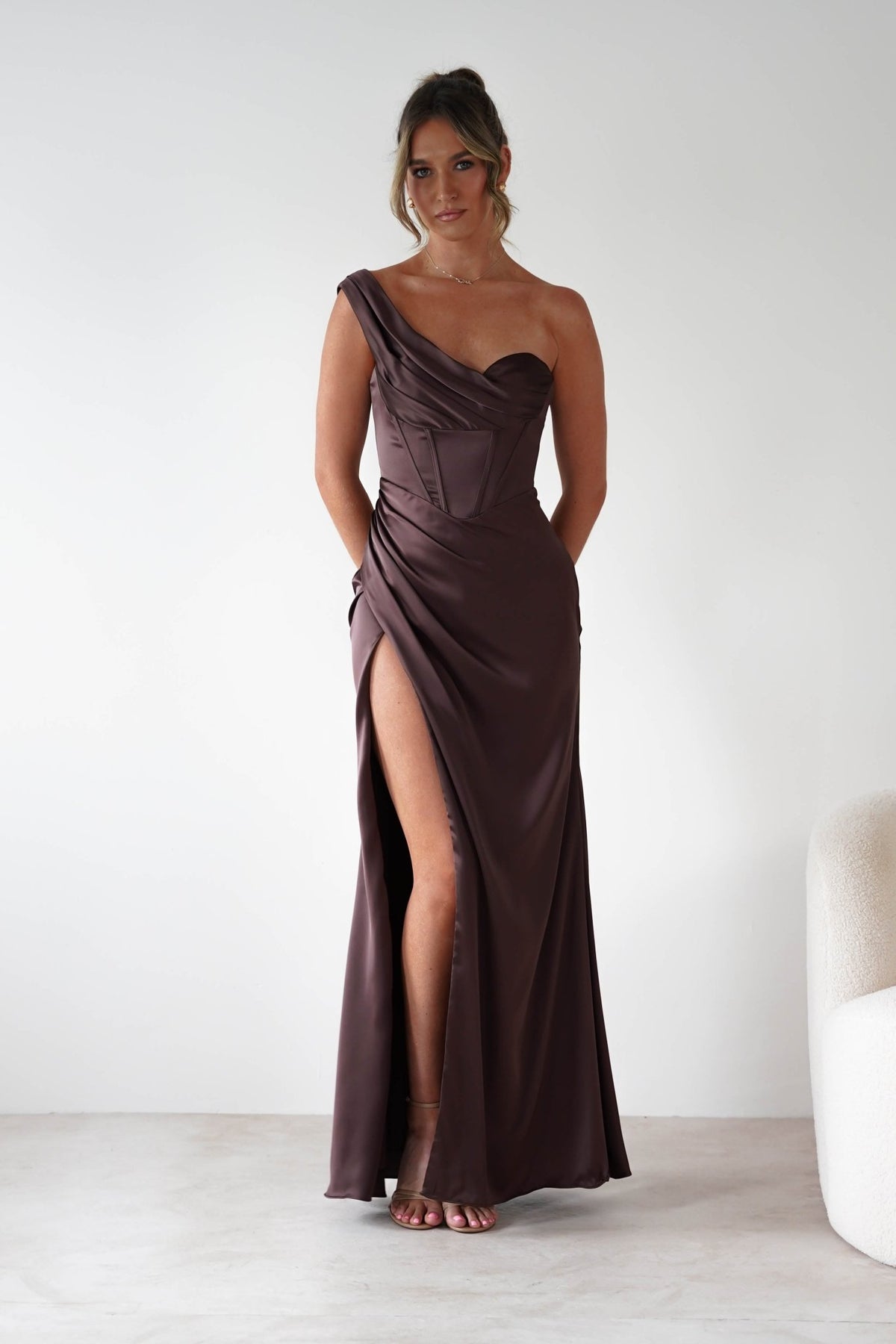 Nicolette Soft Satin Maxi Gown | Brown-Oh Hello Clothing