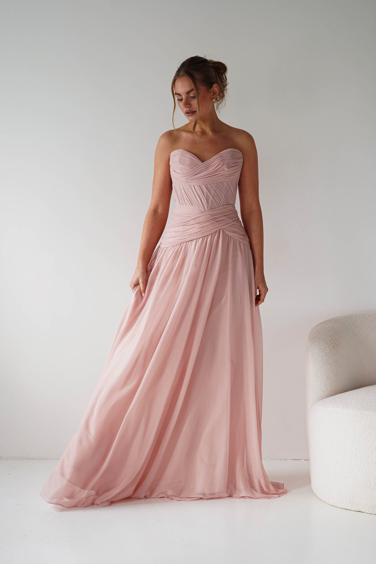 Nicolette Strapless Chiffon Maxi Gown | Blush-Oh Hello Clothing