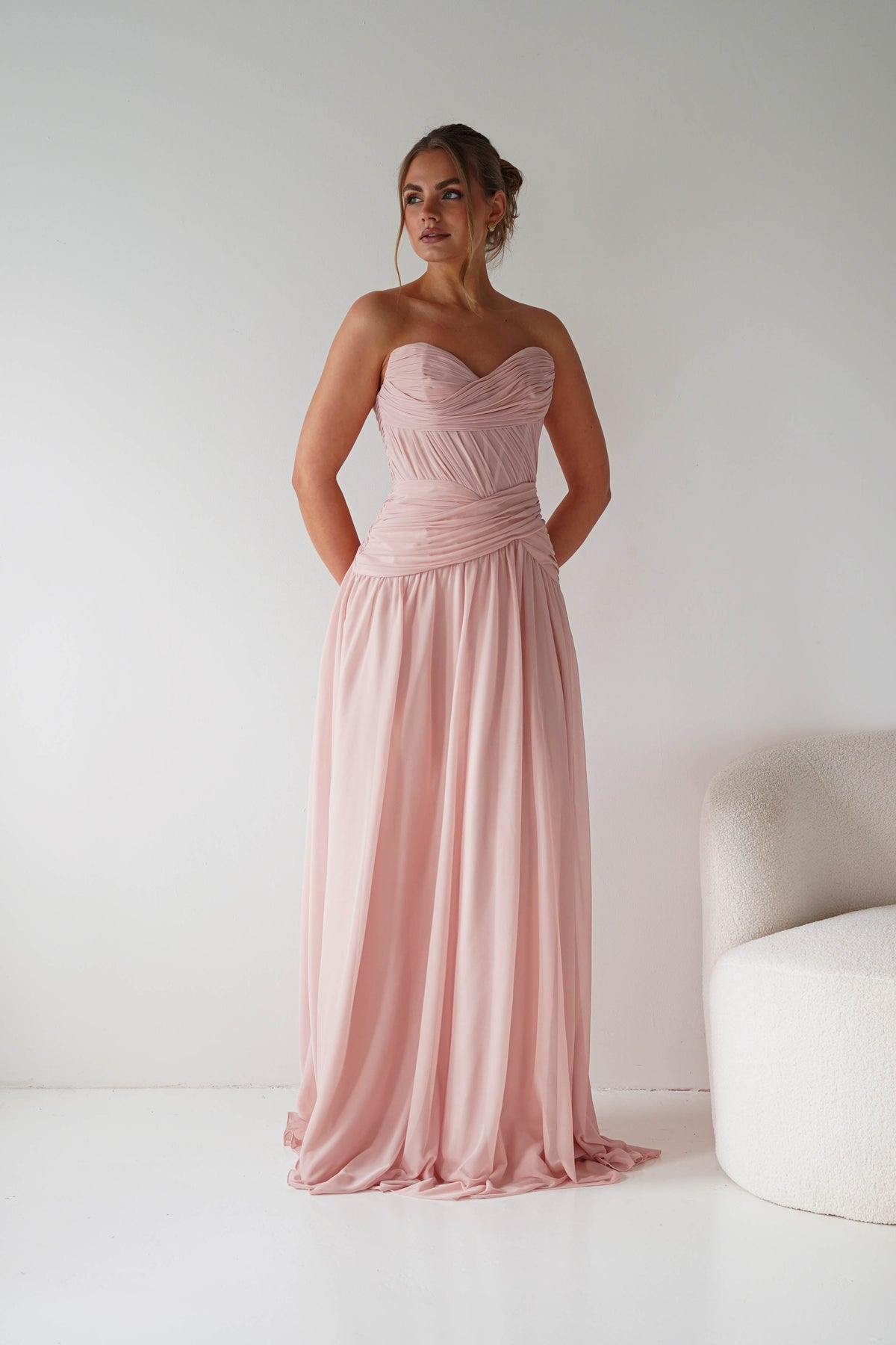Nicolette Strapless Chiffon Maxi Gown | Blush-Oh Hello Clothing
